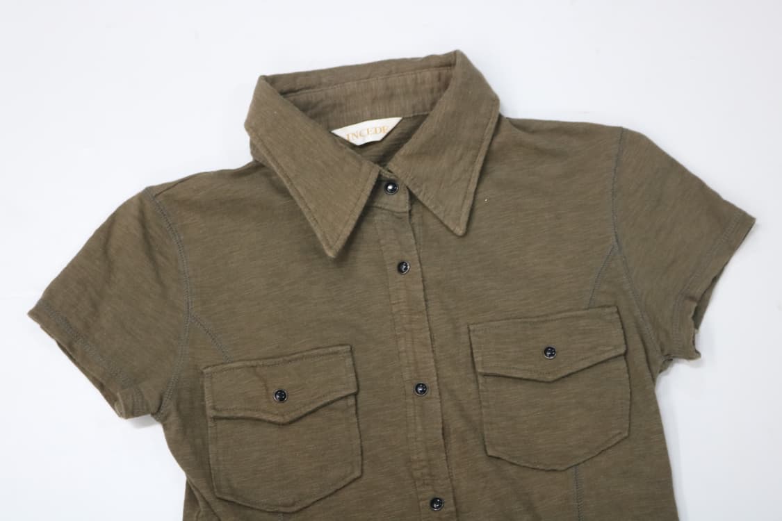 INCEDE 인세이드 빈티지 카키 십자수 스터드 반팔 셔츠 상품이미지6