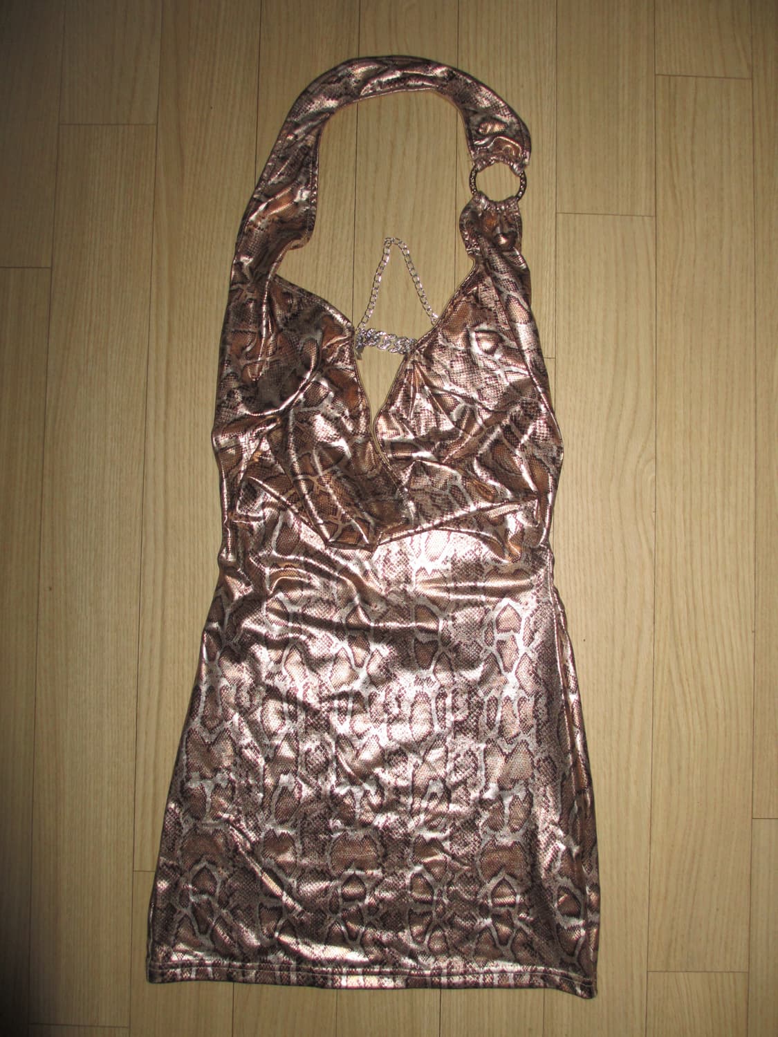 Y2k 뱀피 패턴 브라운 홀터넥 큐빅 미니 원피스 상품이미지1