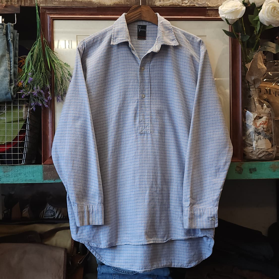 60s 프랑스 워크셔츠 스카이 블루 롱 튜닉 셔츠 프렌치 셔츠 L 상품이미지1