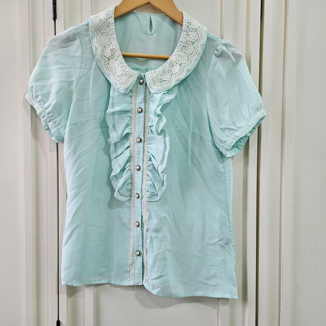 민트 레이스 반팔 블라우스 상품이미지1
