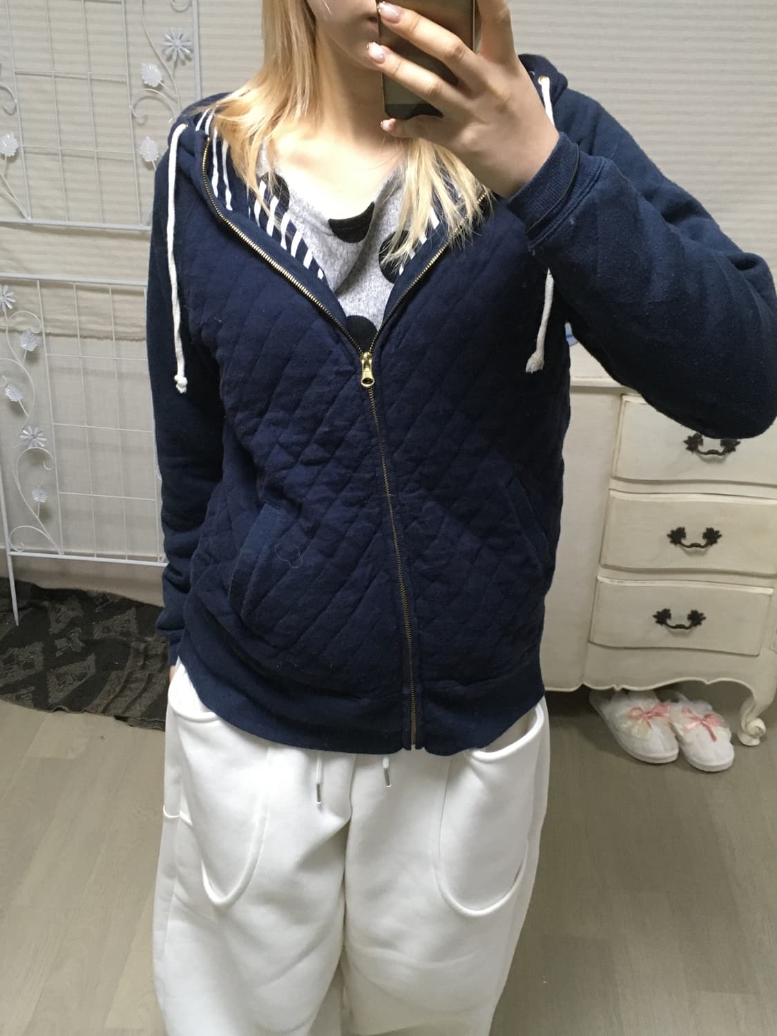 jpn vintage 네이비 아가일 누빔 후드 집업 상품이미지3