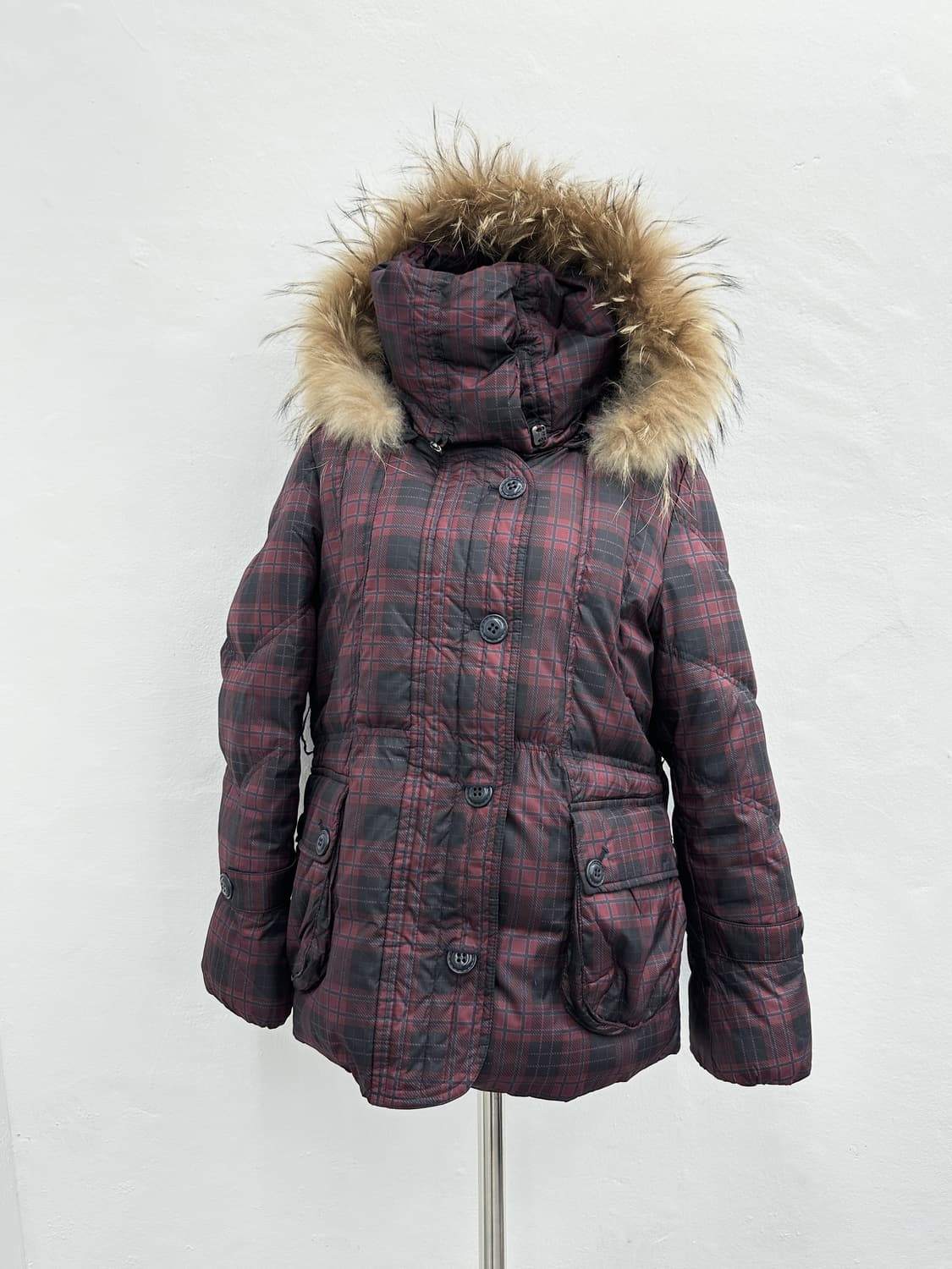 Raccoon fur high neck check puffer  상품이미지4