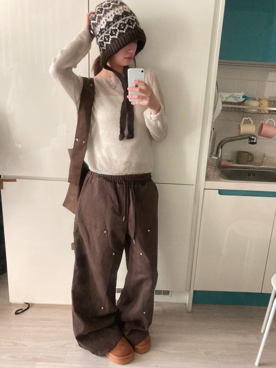 보우아카이브 지퍼 카펜터 팬츠 브라운 지그재그 와이드 밴딩팬츠 상품이미지1