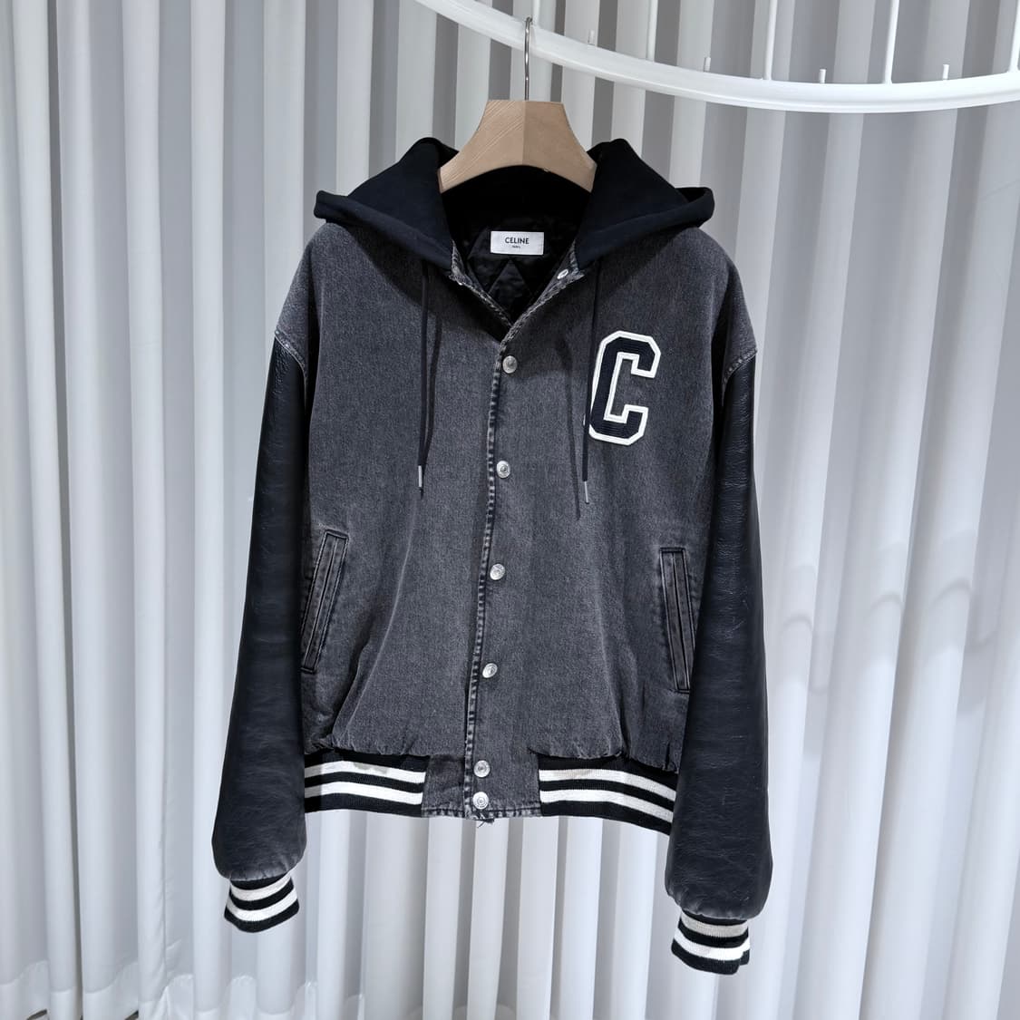 (S+ / L) / 셀린느 블랙 레더 데님 테디 후드 바시티 자켓 상품이미지2