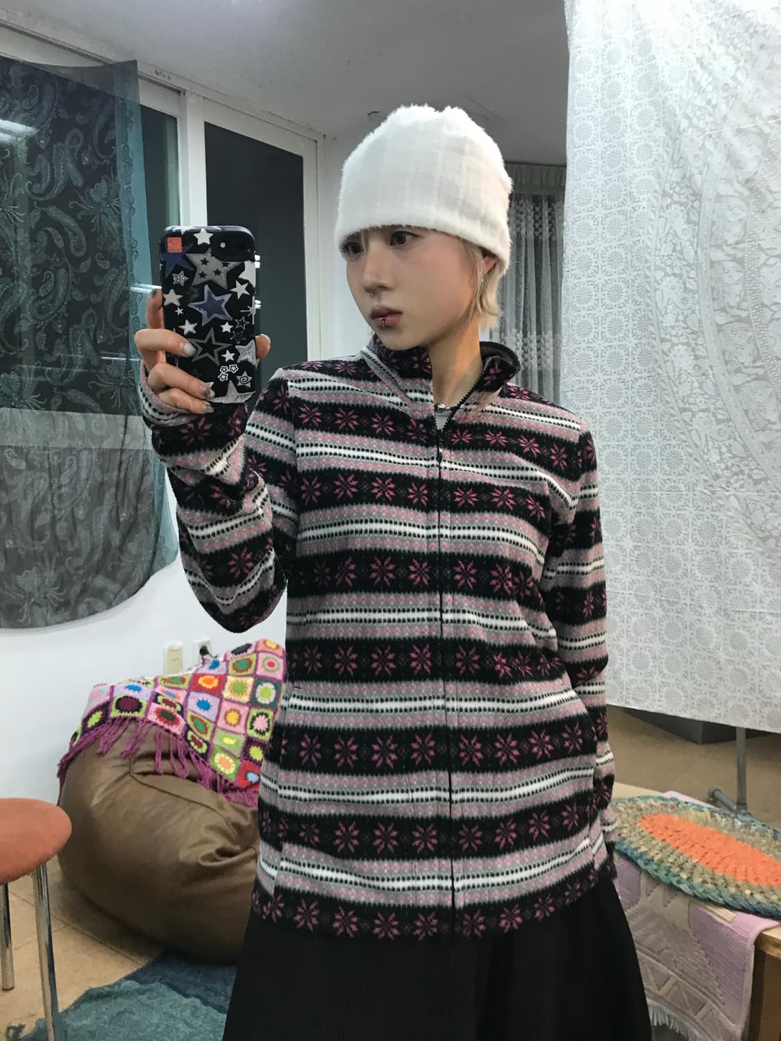 유니클로 여성 에스닉 핑크 배색 후리스  상품이미지1