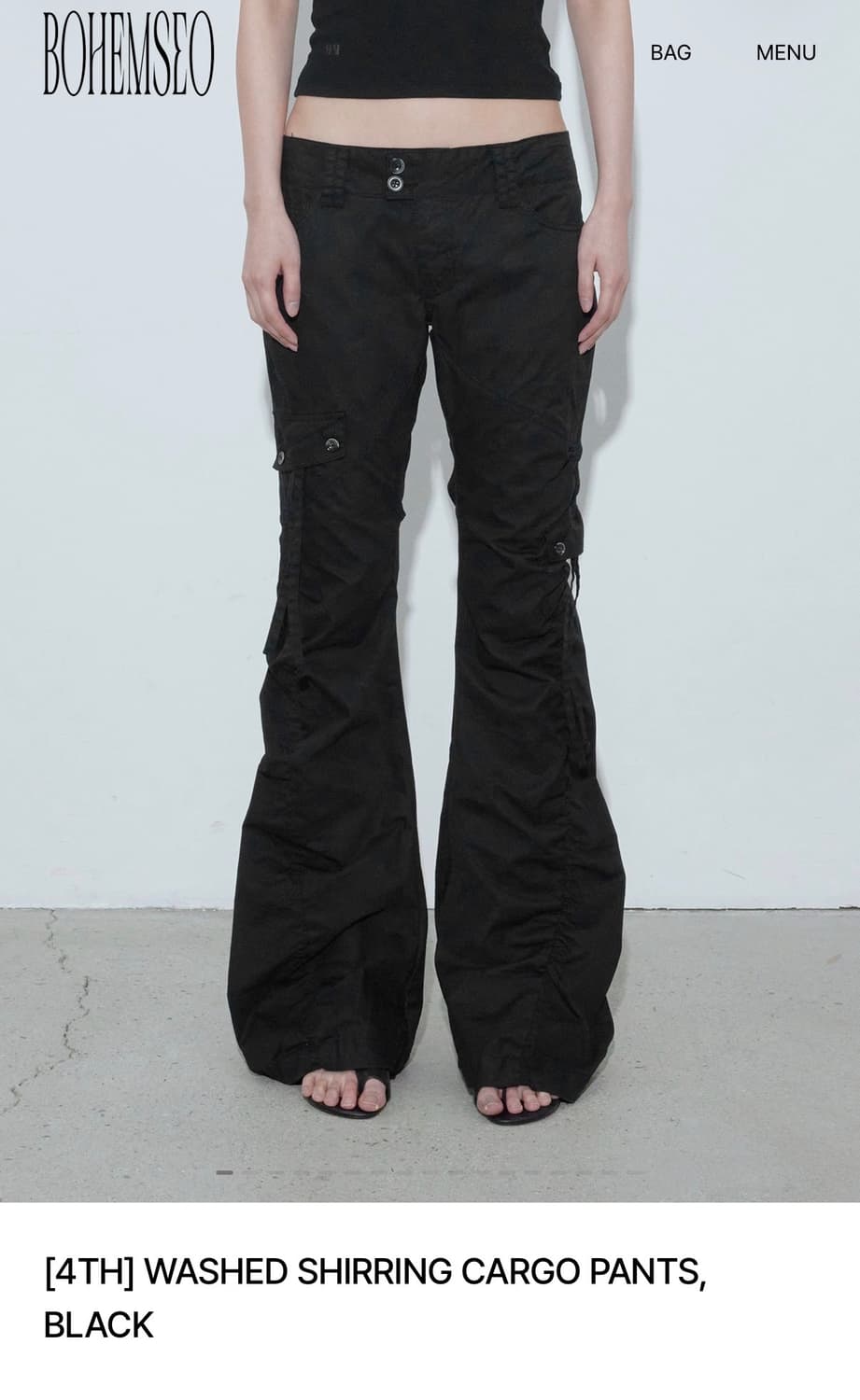 WASHED SHIRRING CARGO PANTS, BLACK 상품이미지1