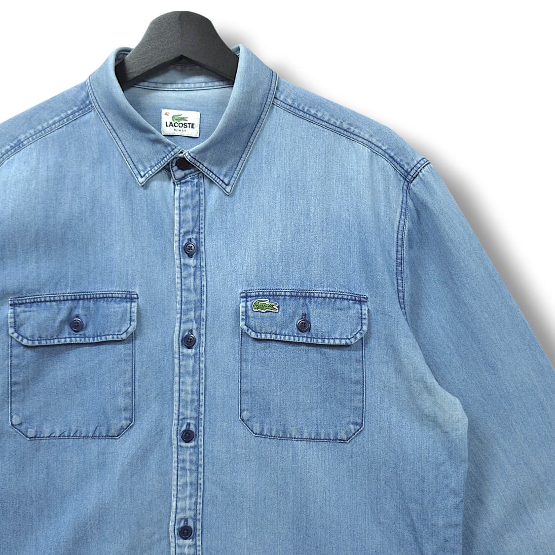 [100] 라코스테  중청 워싱 플립포켓 슬림핏 데님 긴팔셔츠 상품이미지3