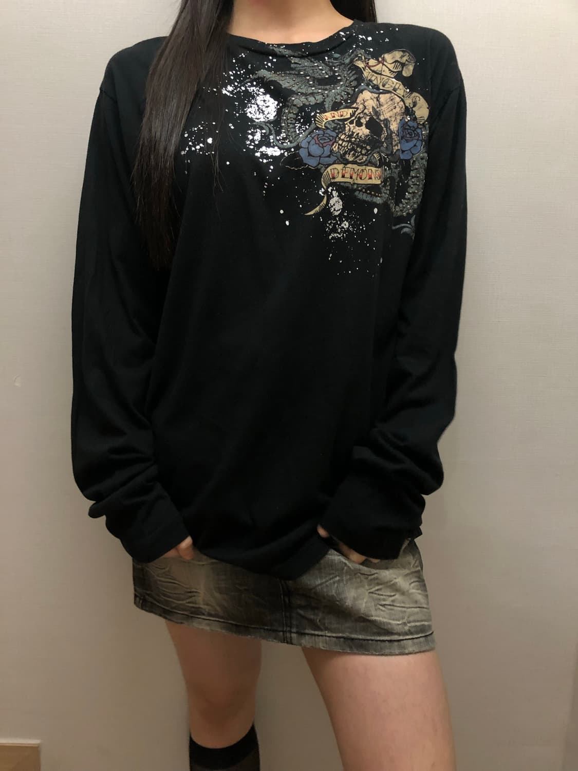 빈티지 블랙 펑크 프린팅 롱 슬리브 상품이미지3