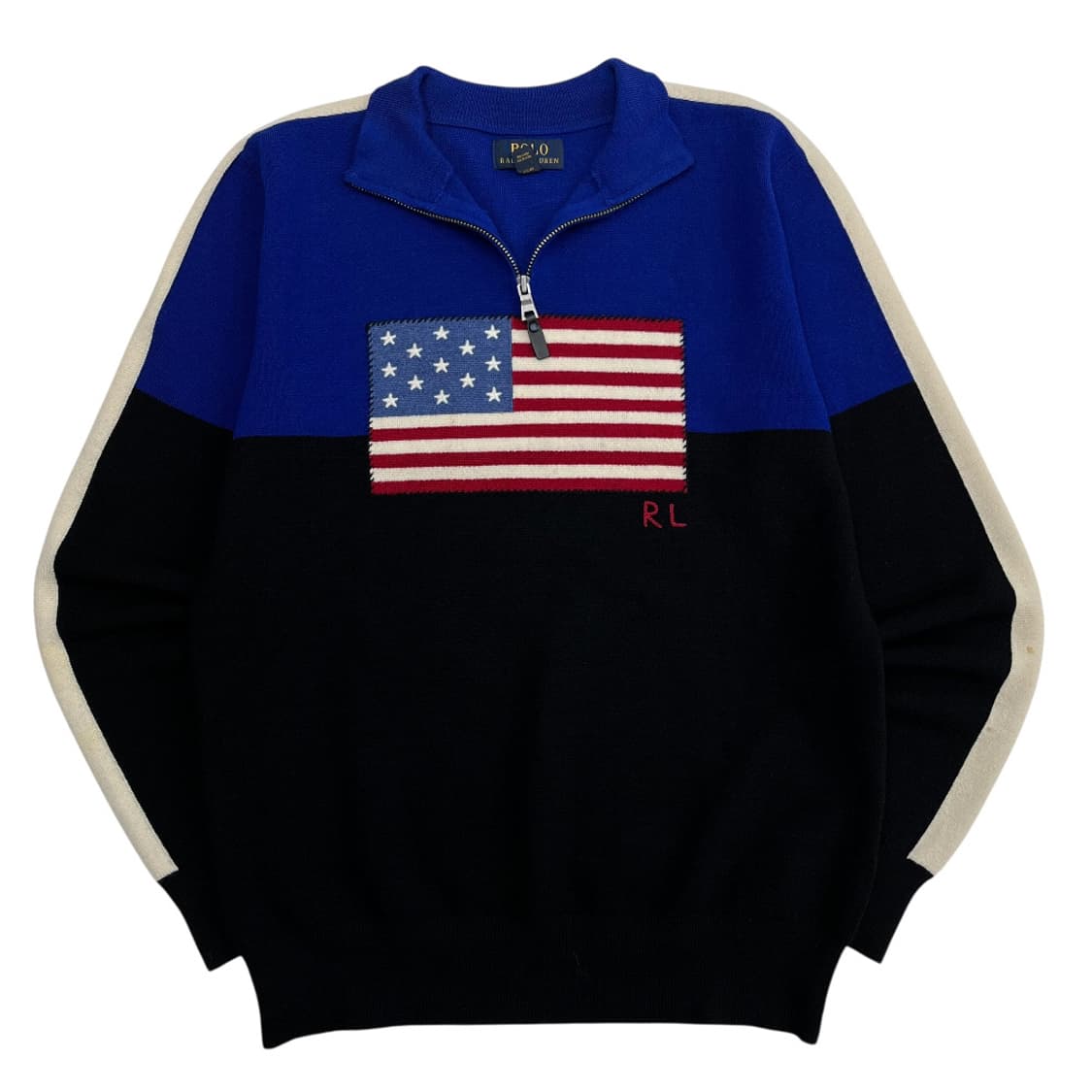 폴로 랄프로렌 성조기 블루 배색 블랙 니트 반집업 XL 상품이미지3