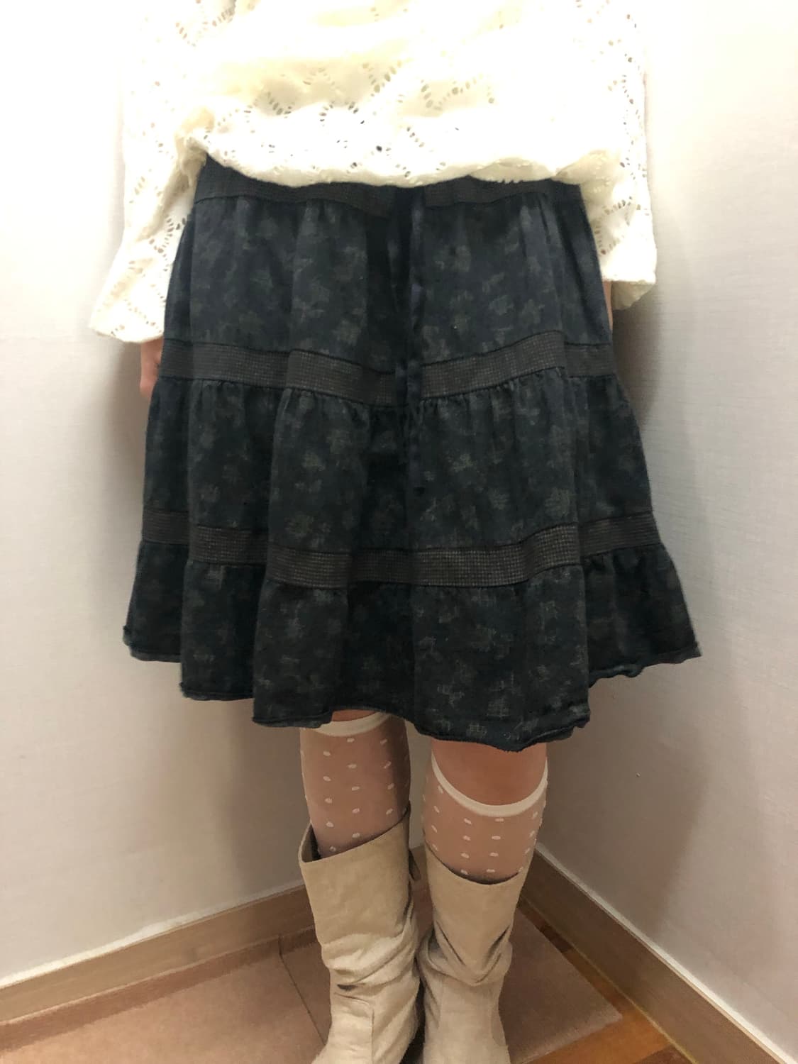 빈티지 딥 카키 모리 프릴 스커트 상품이미지1