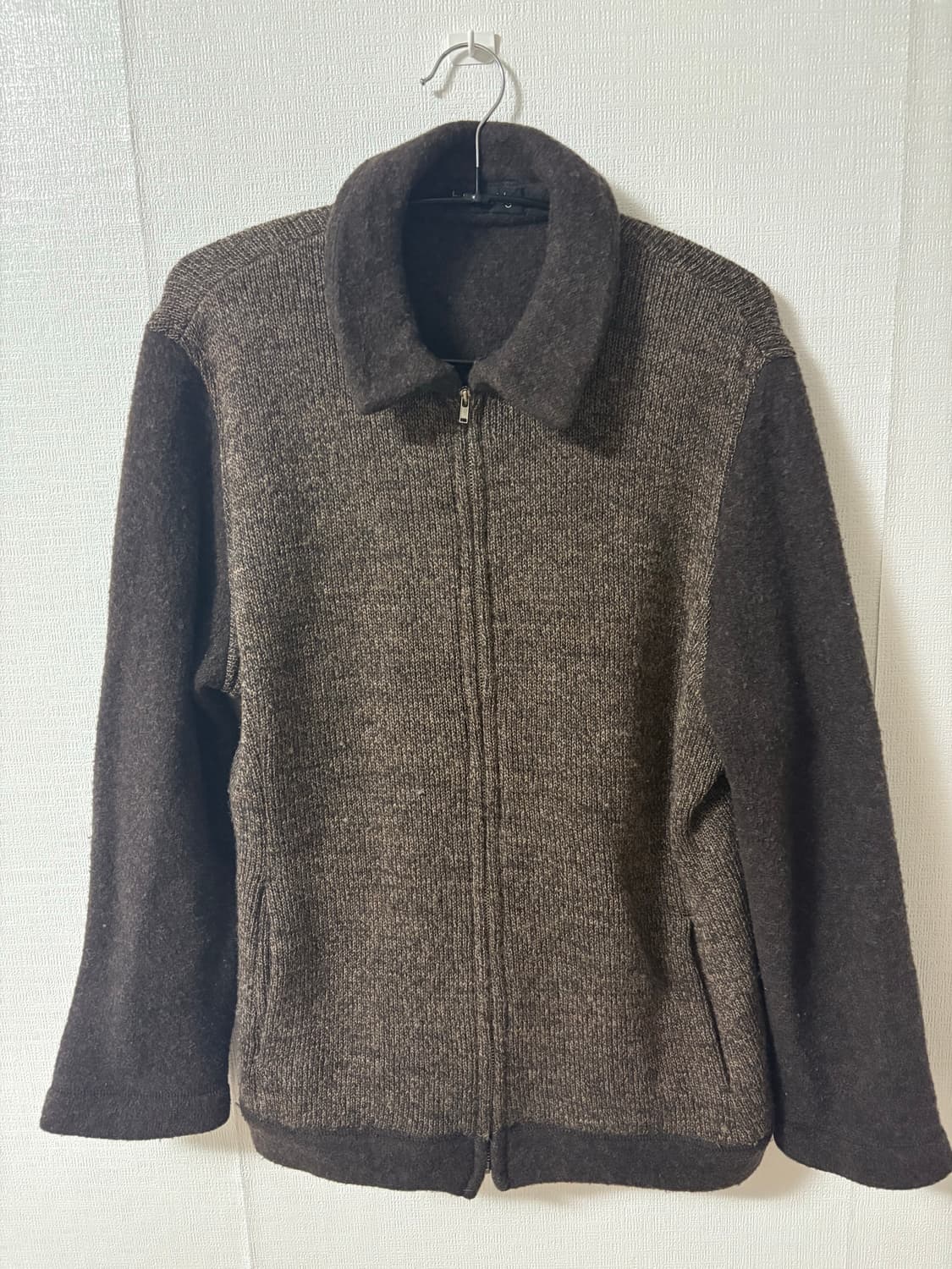 빈티지 배색 브라운 니트 카라 집업 후리스 폭닥 남녀공용 상품이미지1