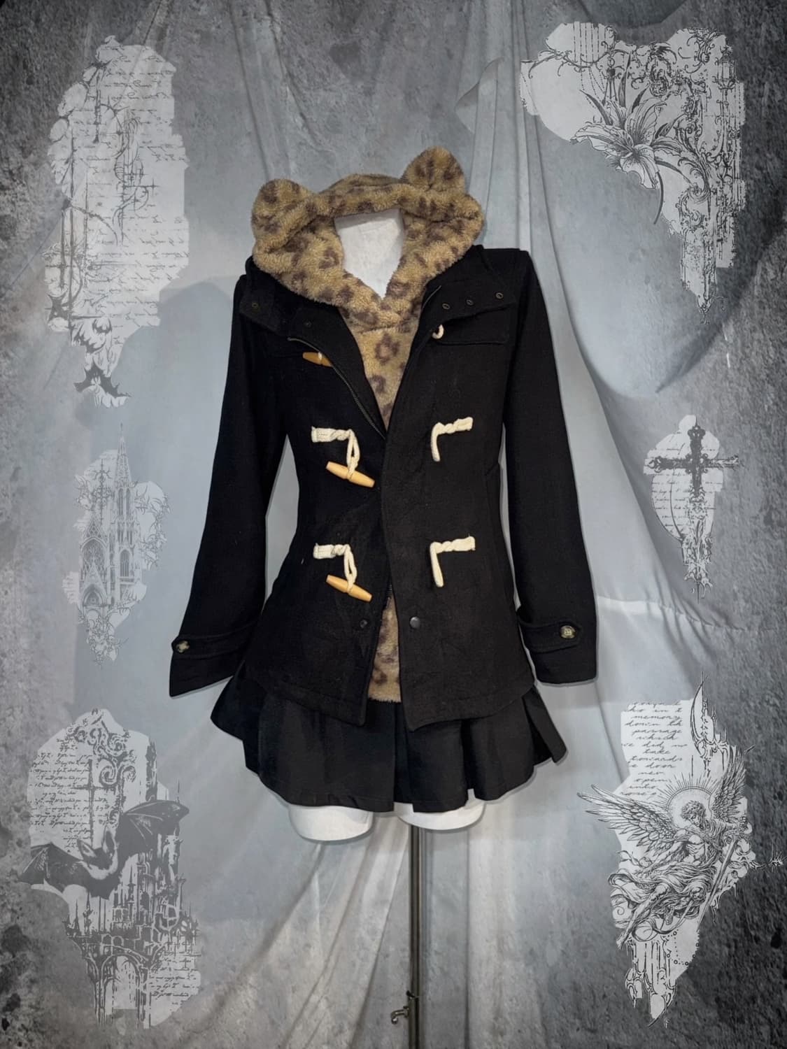 데일리 레오파드 곰돌이 후드 니혼진 갸루 코디세트  상품이미지1