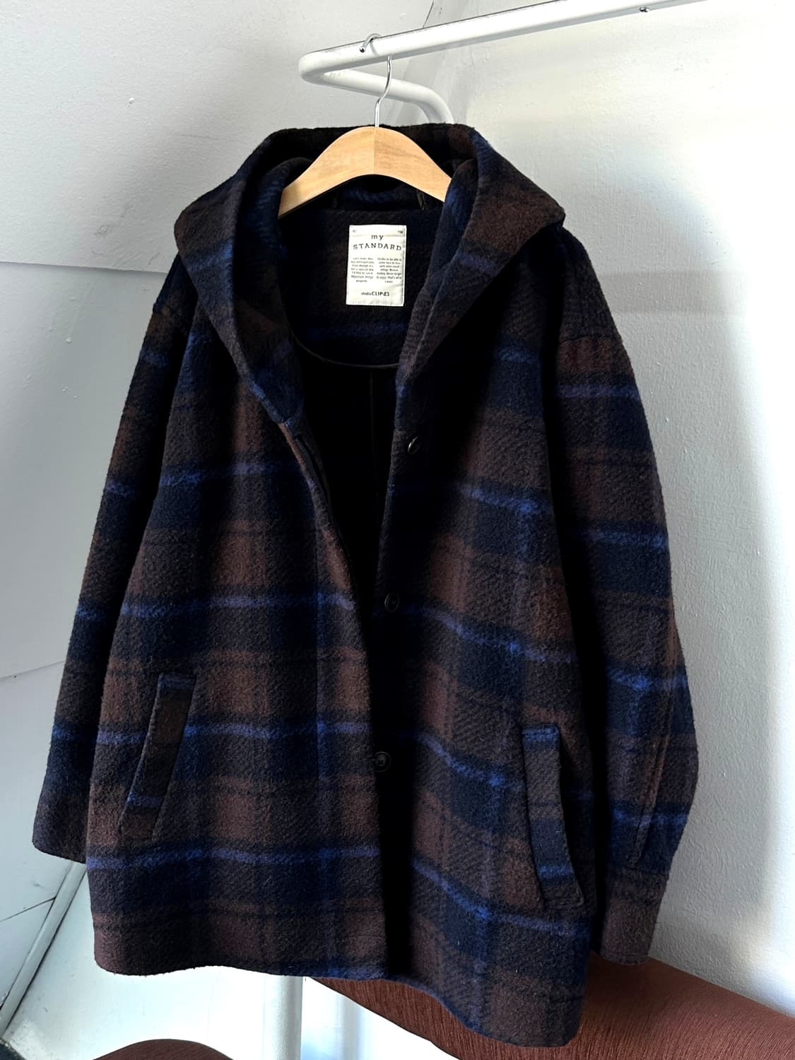 Felted wool blend hooded check coat 상품이미지1