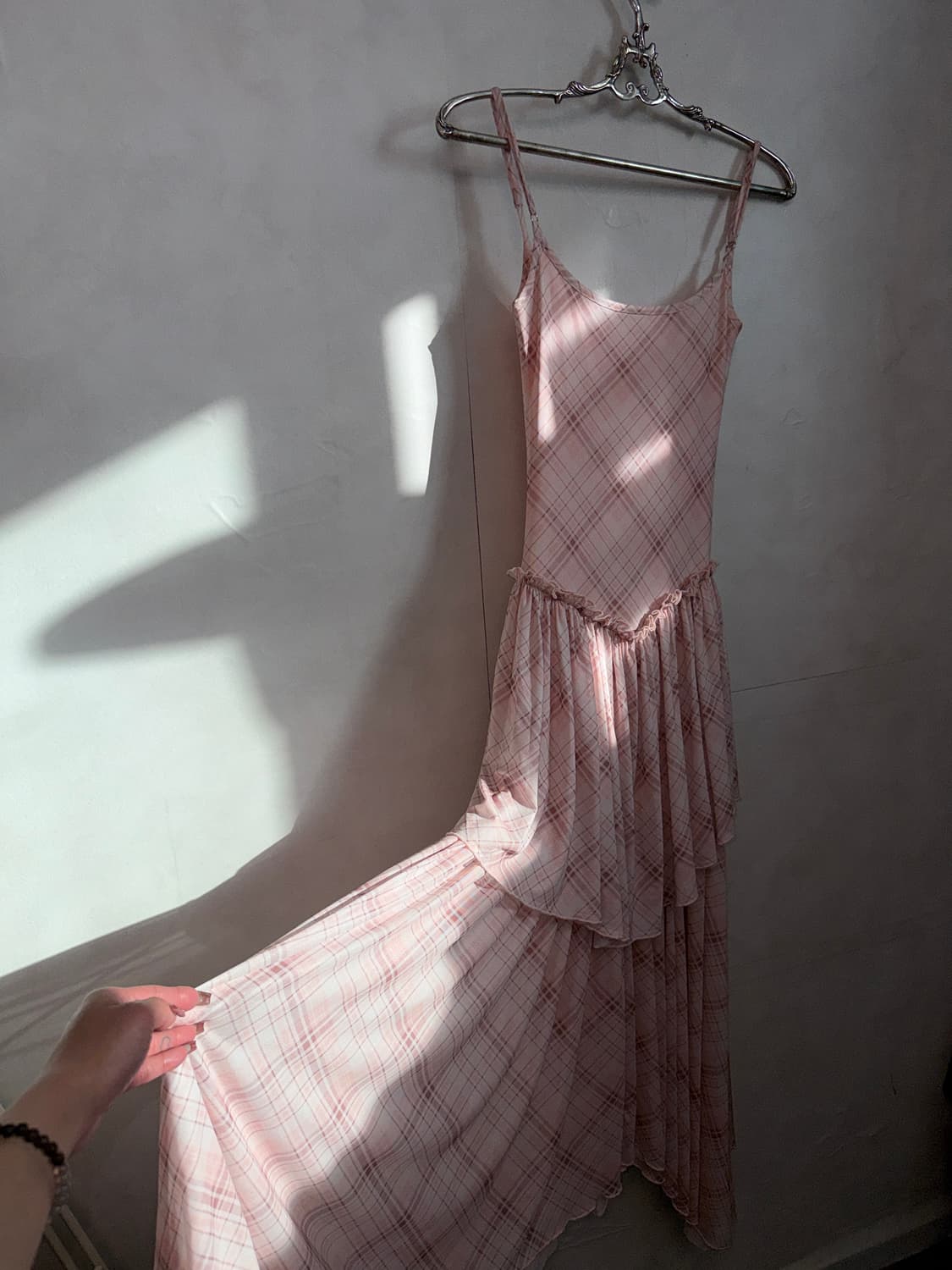 Baby pink check chiffon layered ops 상품이미지3