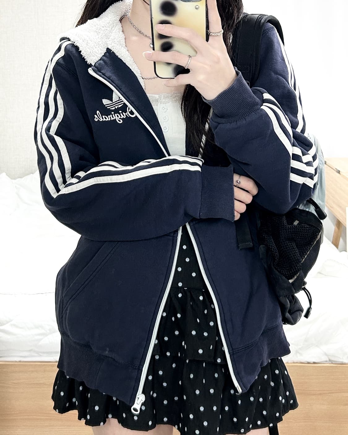아디다스 양털안감 네이비 삼선 후드집업 상품이미지3