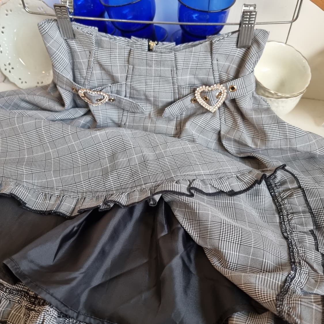 하트 큐빅 버클 체크 프릴 스커트 상품이미지5