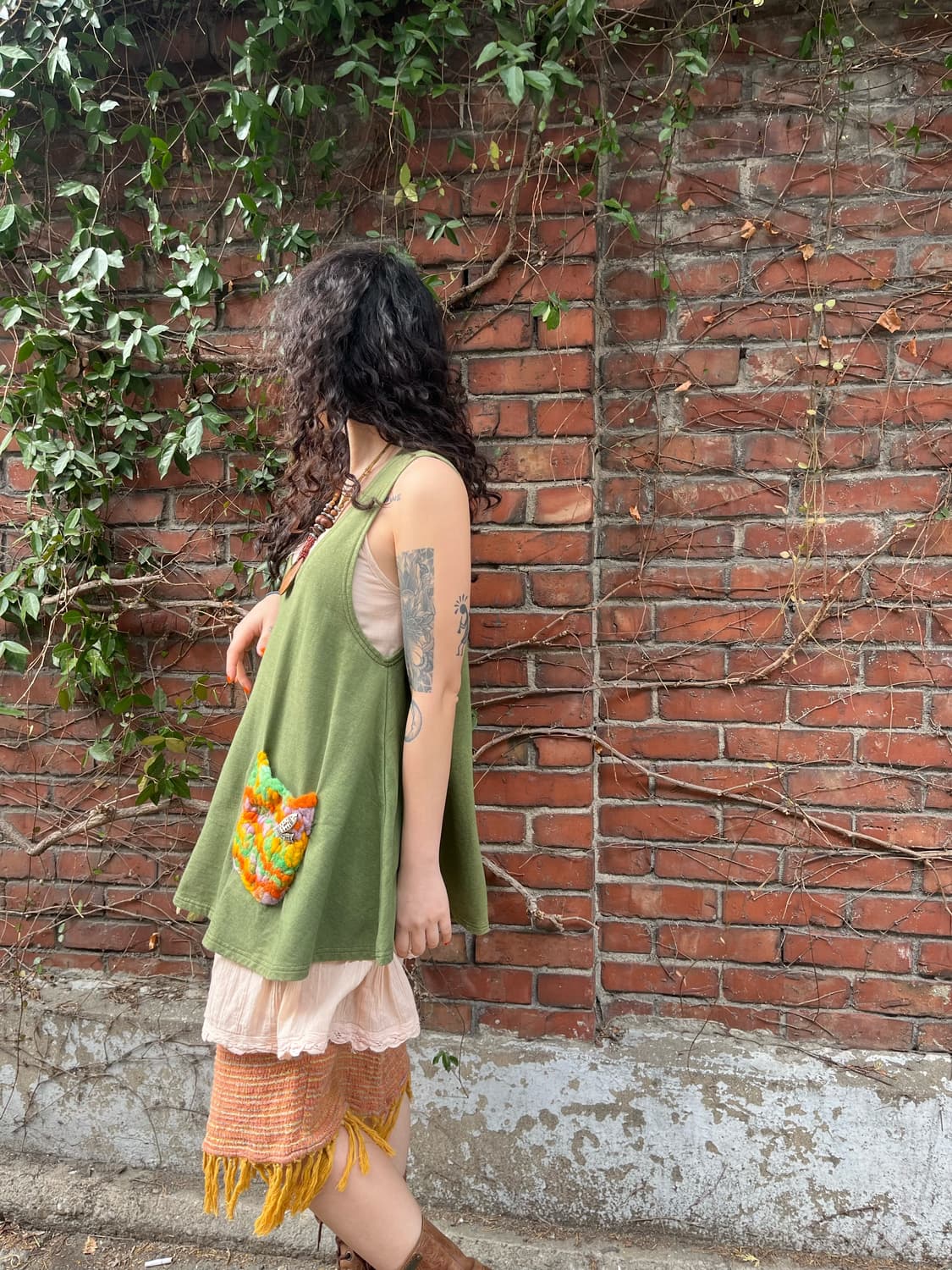 완두콩 그린 히피 뜨개질 주머니 미디 원피스 상품이미지4