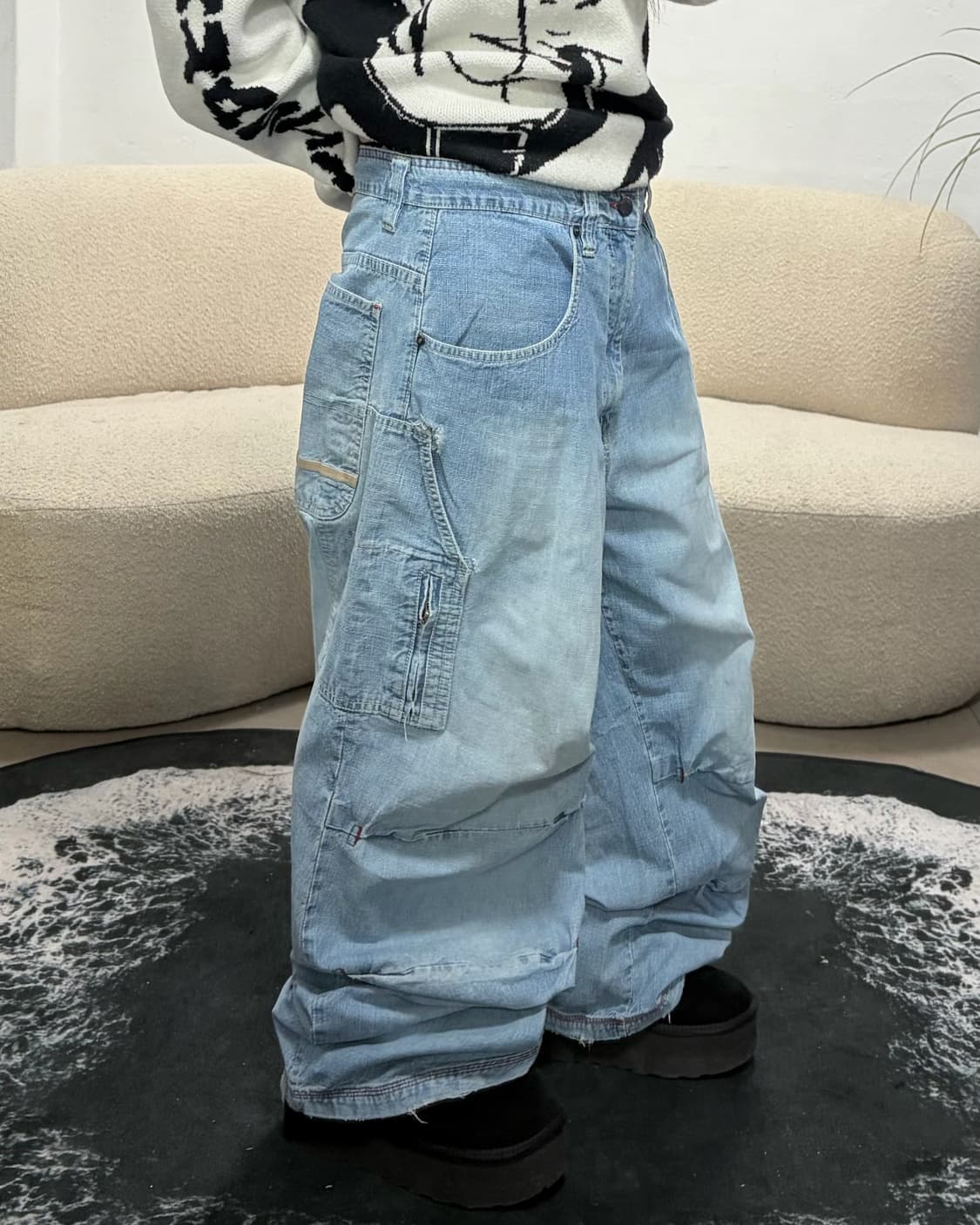 90s 올드스쿨 빈티지 핀턱 더블니 데님카고와이드팬츠 상품이미지3