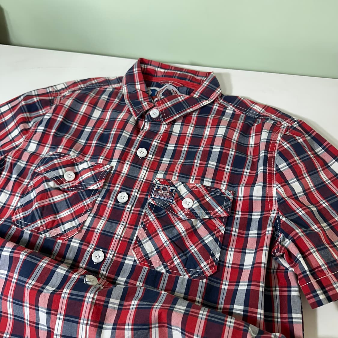 우먼L 슈퍼드라이 투포켓 써머코튼 체크 반팔셔츠 상품이미지2