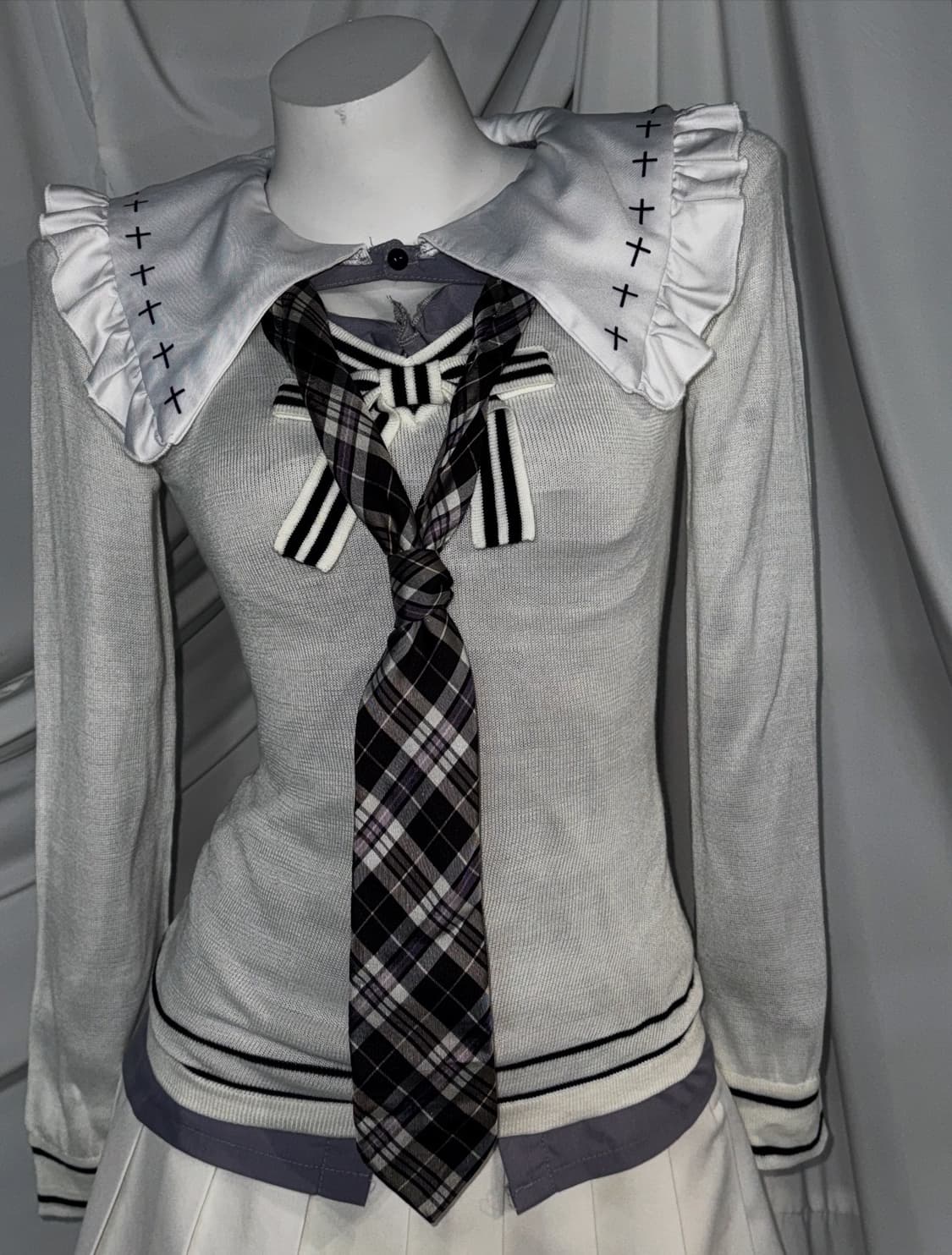 슈가슈가룬깔 화이트 십자가 세일러 체크 프레피 코디세트  상품이미지6