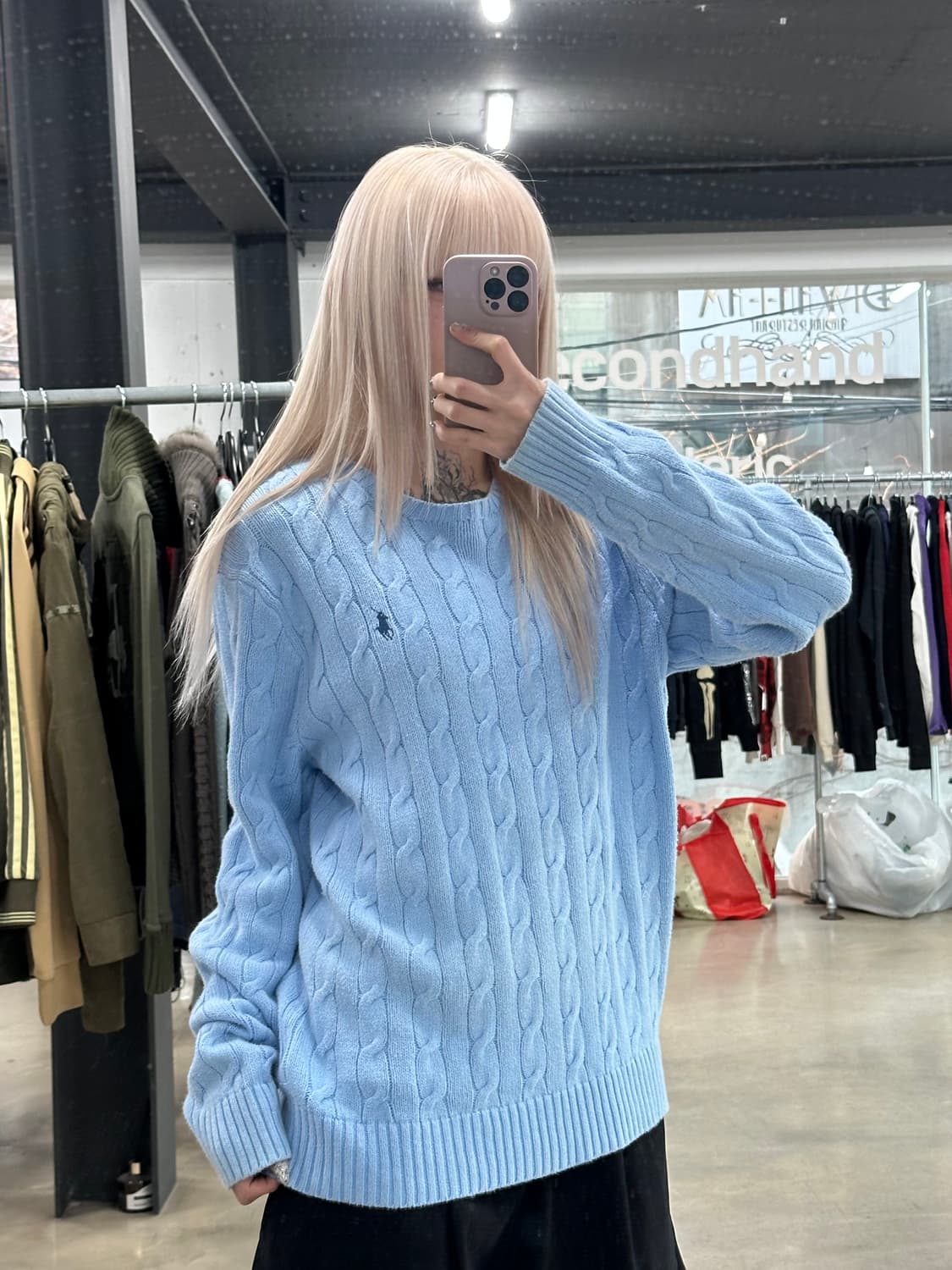  폴로 랄프 로렌 꽈배기 크루넥 소라색 니트  나혼자산다 코드쿤스트 니트 상품이미지1