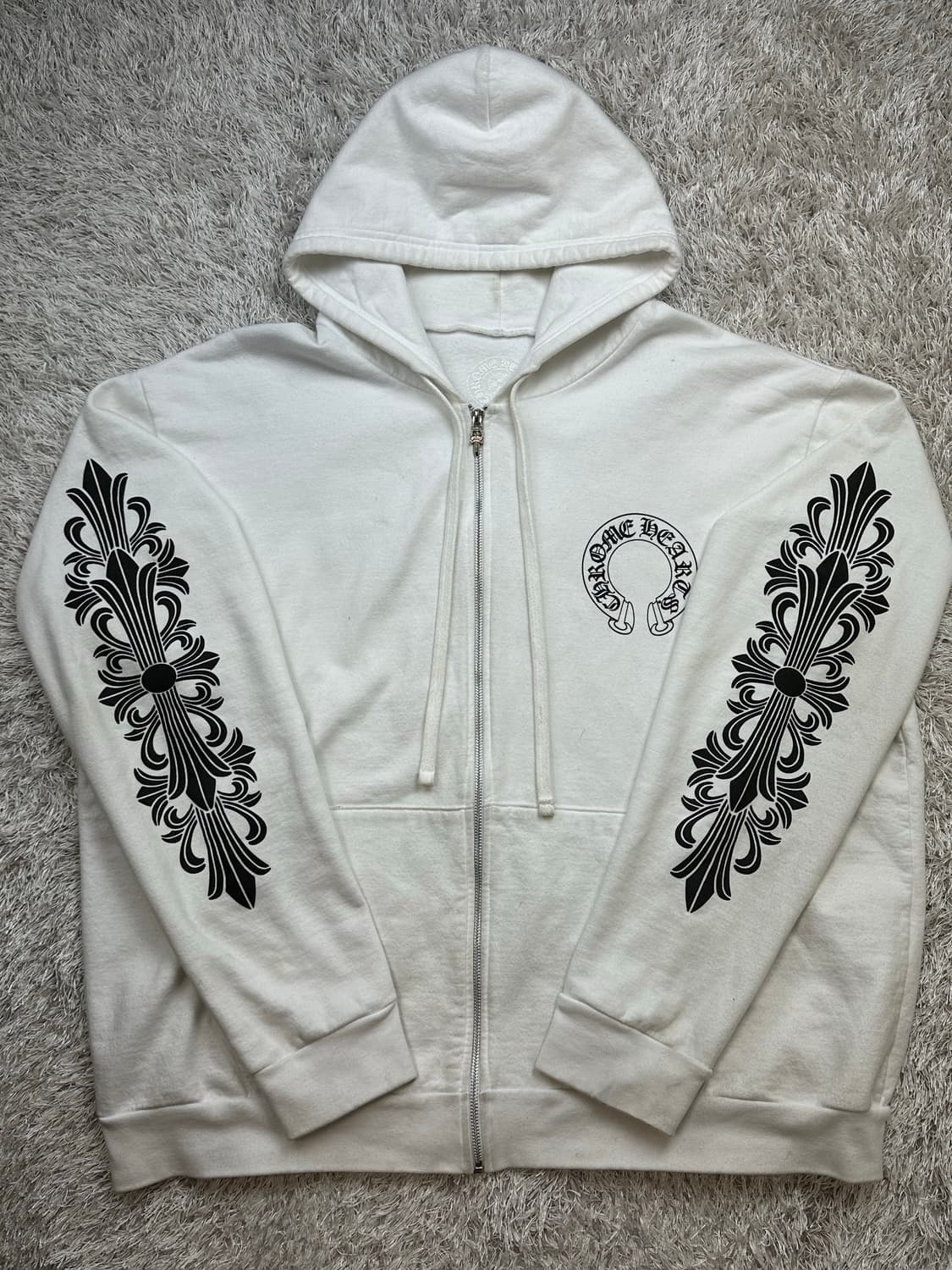 [XL] 정품 크롬하츠 홀스슈 플로랄 플리스 집업 후드 화이트 상품이미지2