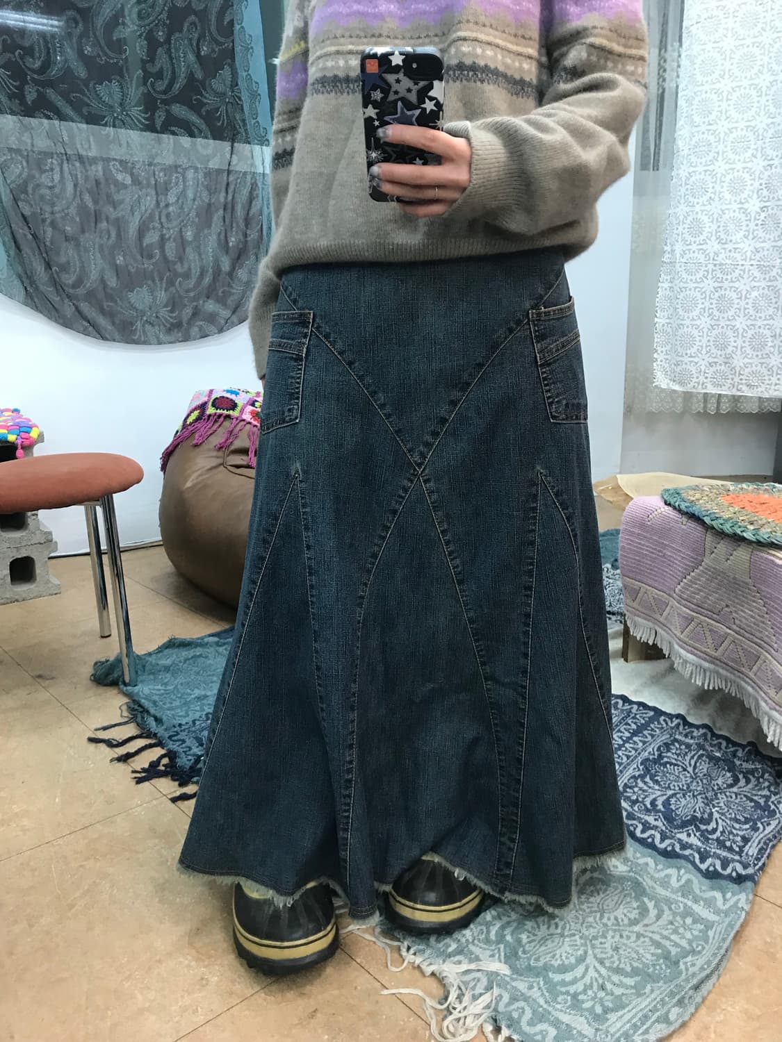 빈티지 절개 포켓 데님 롱 스커트  상품이미지1