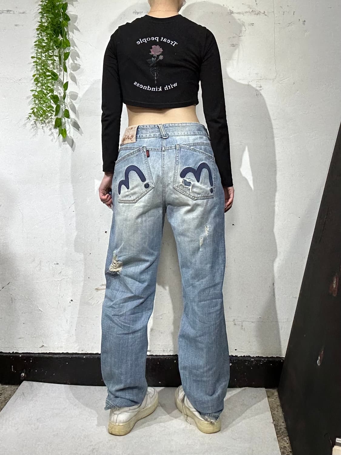 에비수 와이드 데미지 워싱 연청 데님 팬츠 자수 청바지 30 상품이미지1