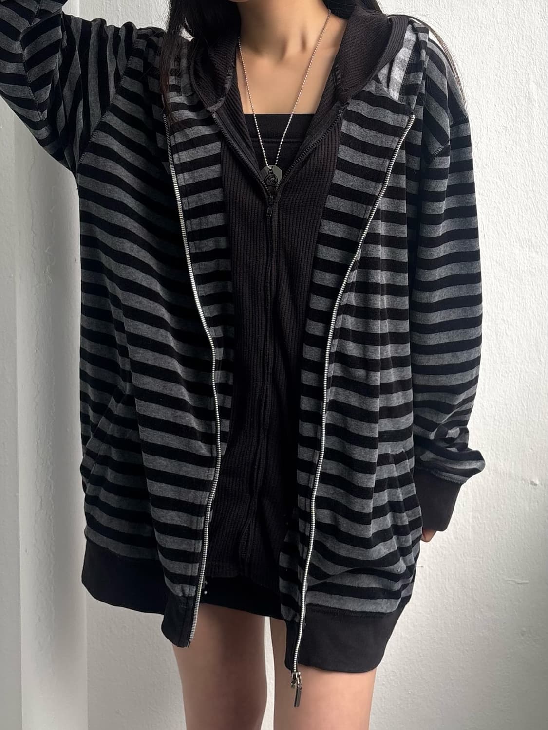 Japanese Vintage Grey Stripe Hood Zip-Up 상품이미지3