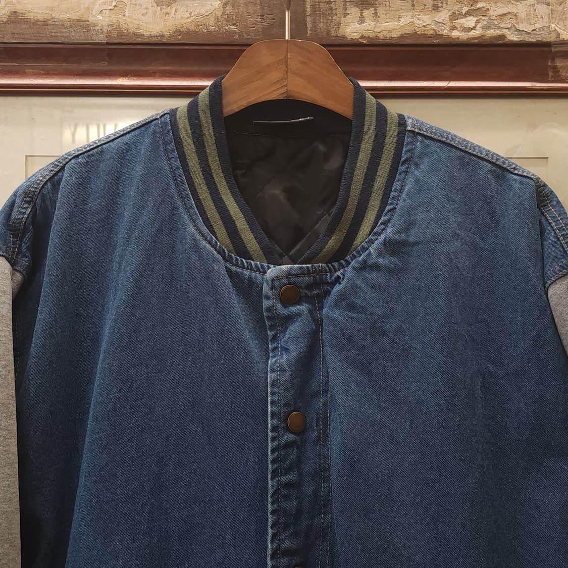 90s 빈티지 데님 바시티 자켓 블루종 봄버 자켓 팔 져지 xl 상품이미지3