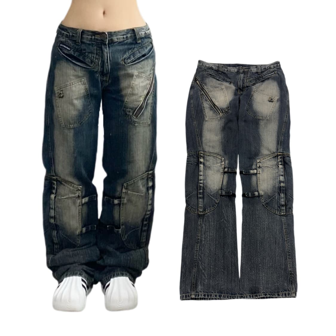 부츠컷 바이커 워싱 빈티지 더블니 새깅 데님팬츠 상품이미지1