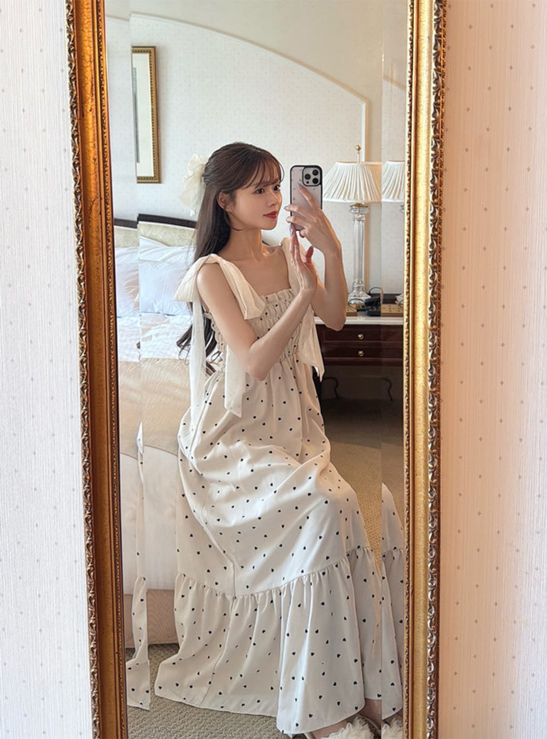 10월까지처분|GRL리본 숄더 하트 무늬 플레어 원피스 상품이미지7