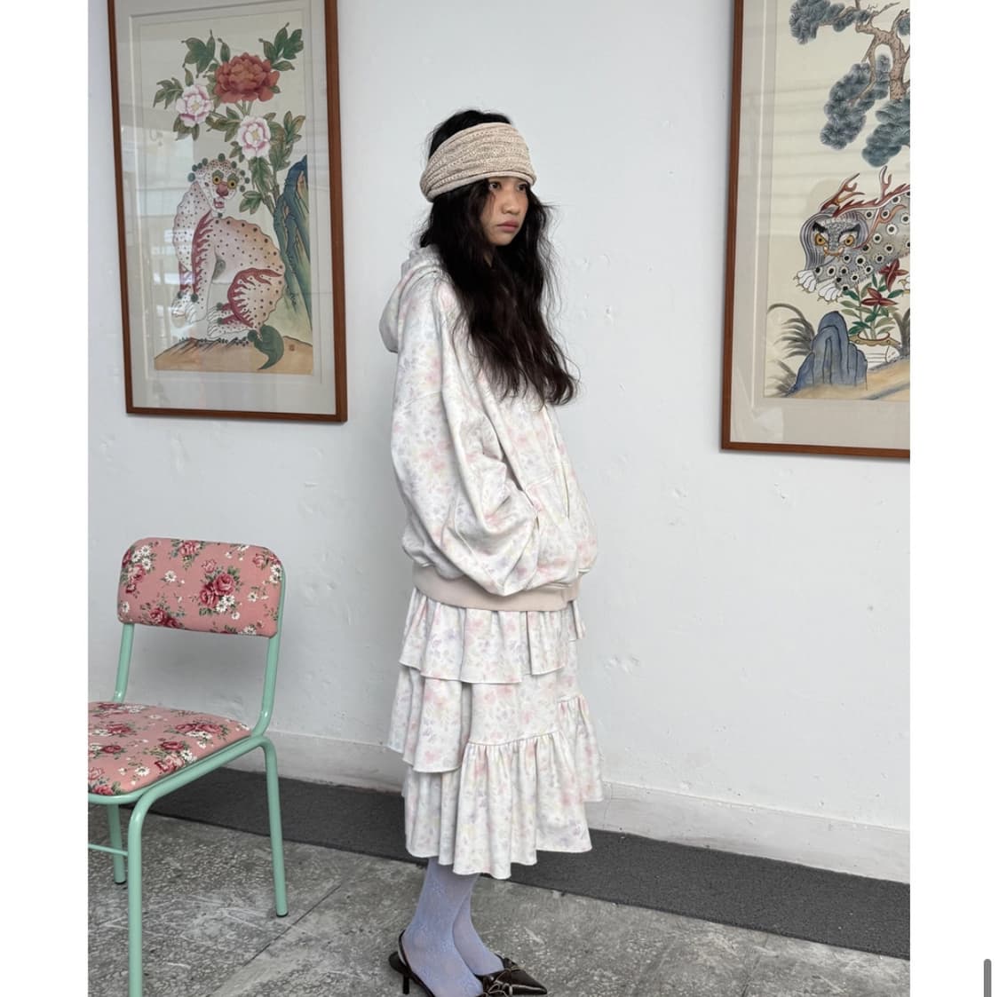 당일배송) 호쿠스포쿠스 플로랄 후드 집업 라이트 그레이 상품이미지3