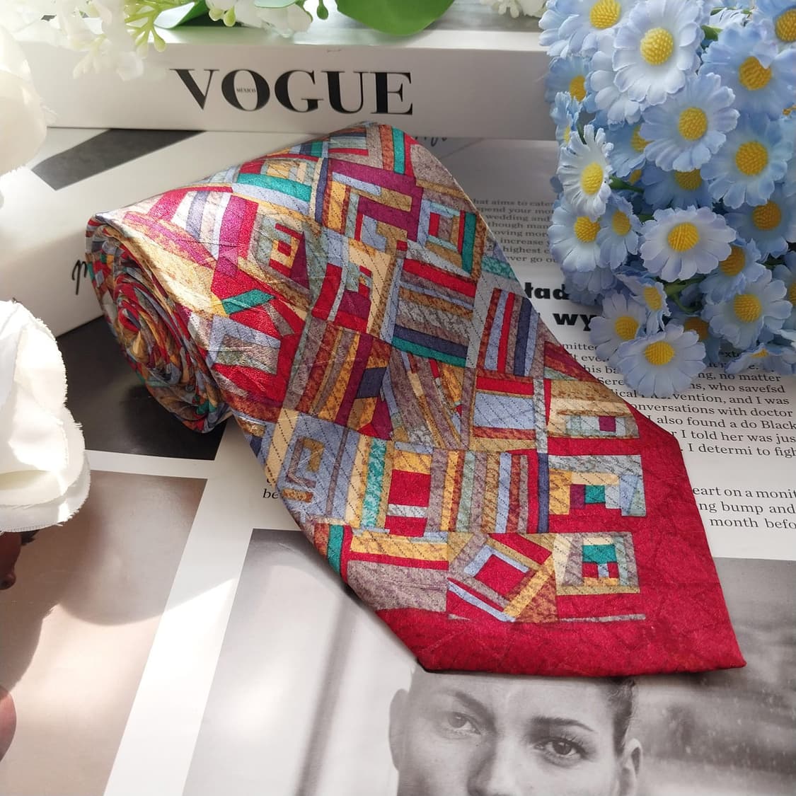 니나리치 실크 레드 믹스 패턴 넥타이 9.6cm A+등급 K2324 상품이미지4