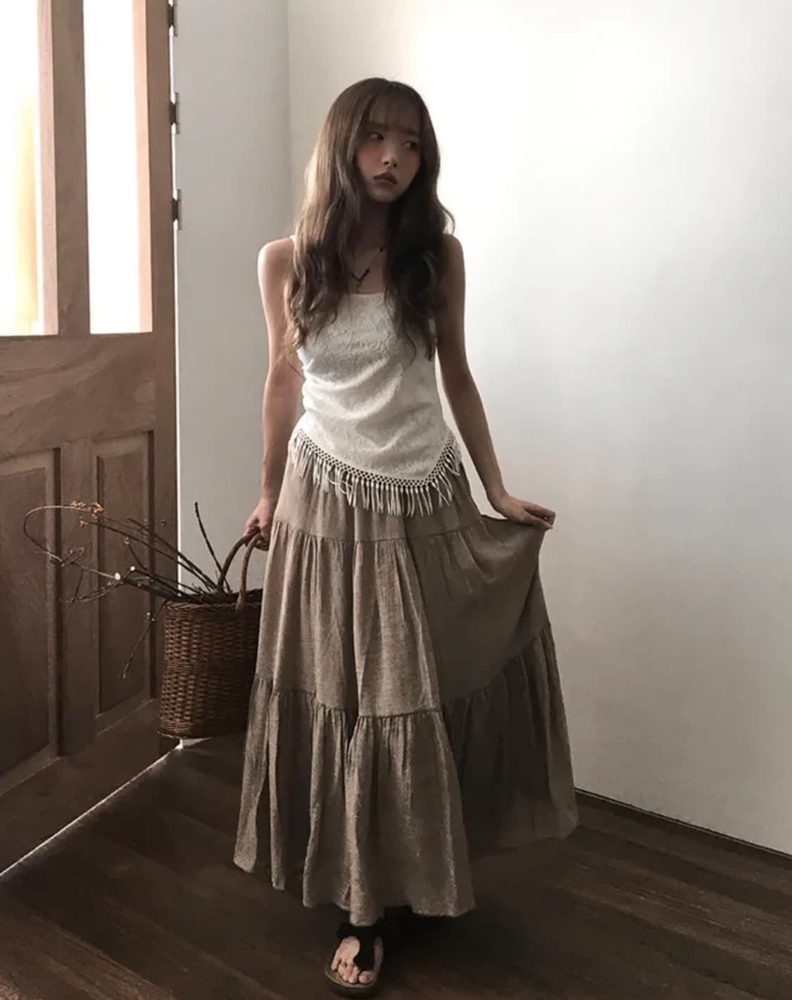 개봉)미사용)아이보리)챠머)챠네 린넨 쉬폰 캉캉 밴딩 롱스커트 벨트 세트 상품이미지1