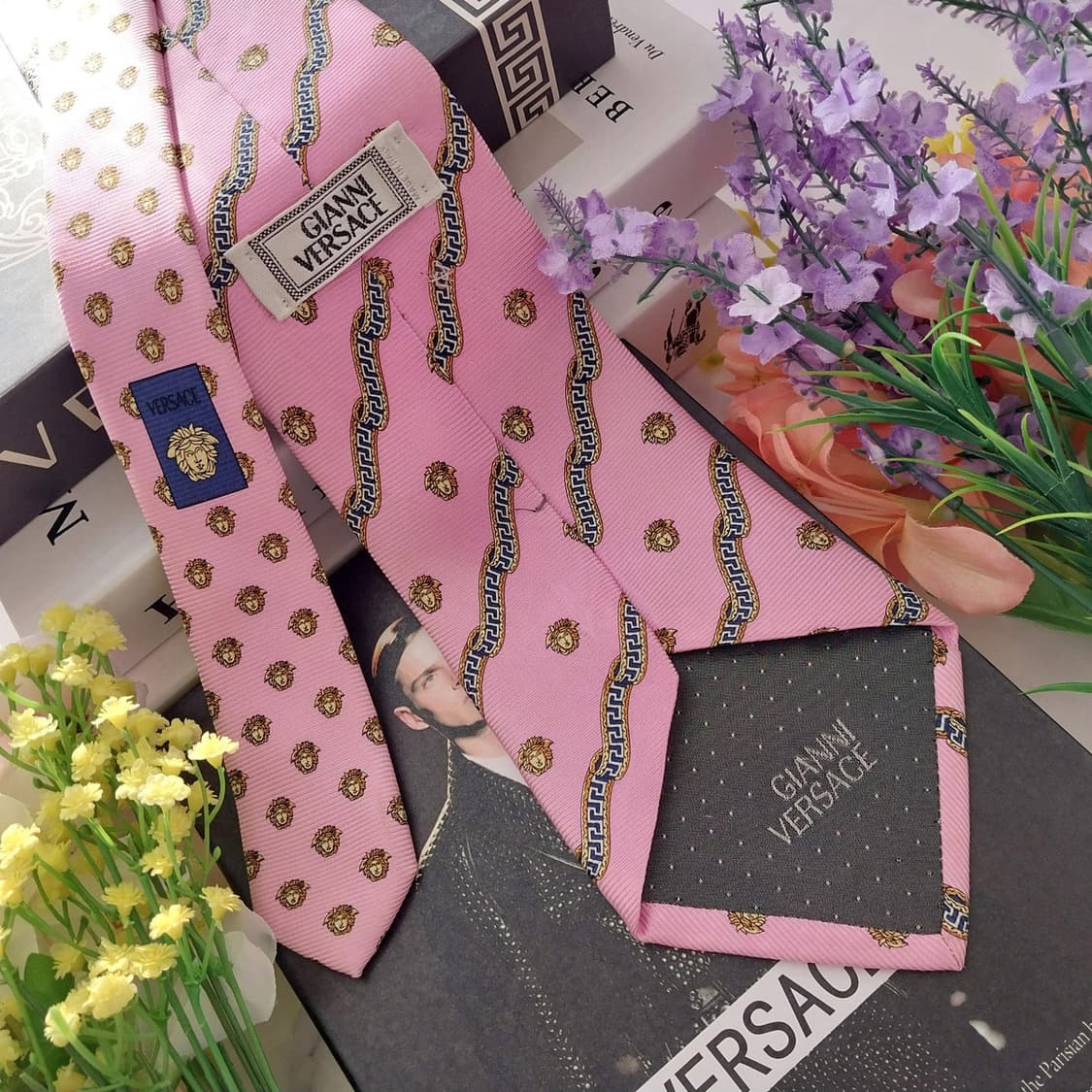 베르사체 실크 핑크 메두사 체인 패턴 넥타이 9.8cm A등급 K1346 상품이미지3