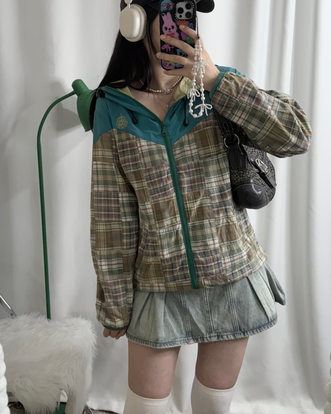 베이지 체크 오버핏 후드 집업 상품이미지4