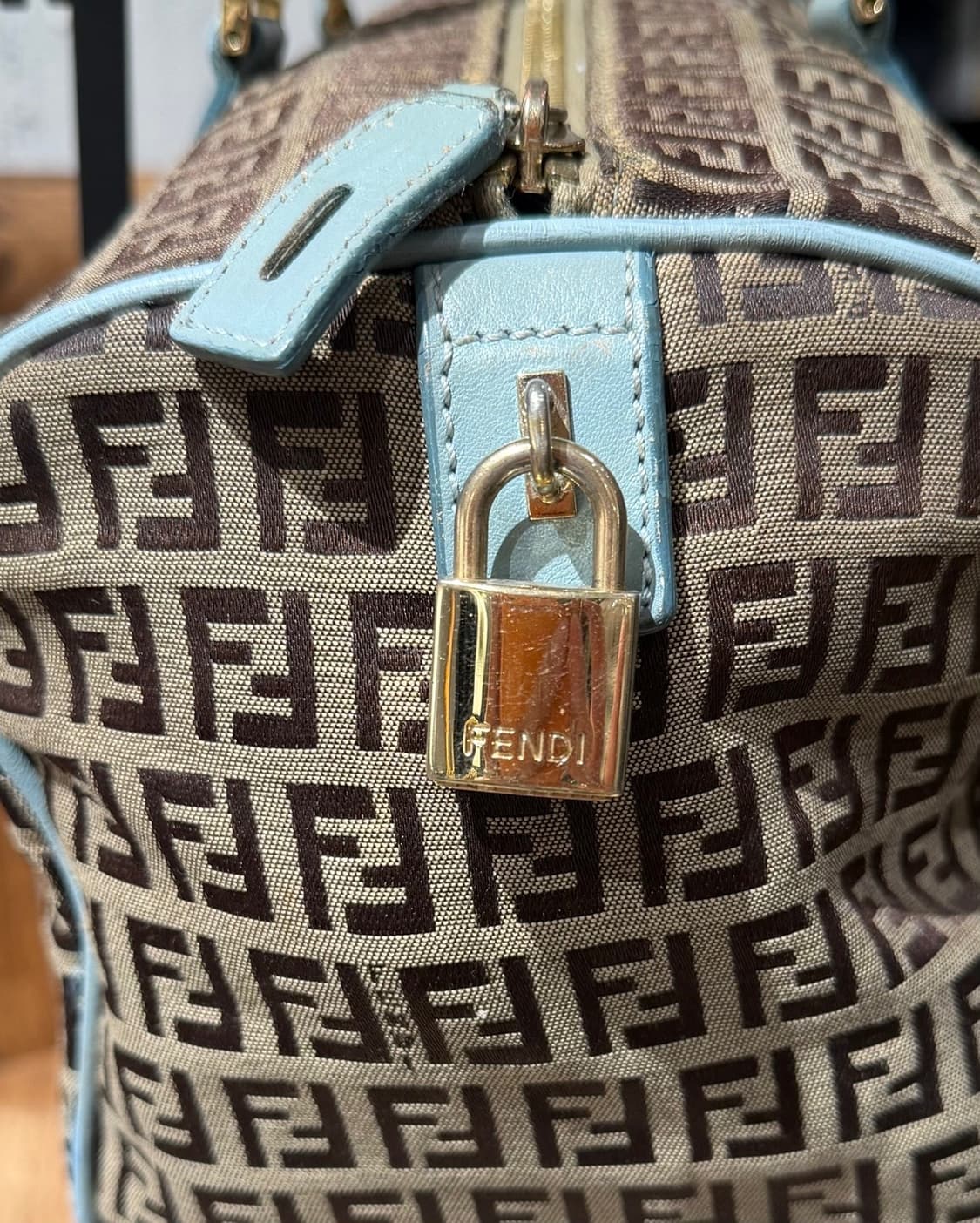 펜디 브라운 주카 블루 레더 트리빙 캔버스 보스턴백 상품이미지10