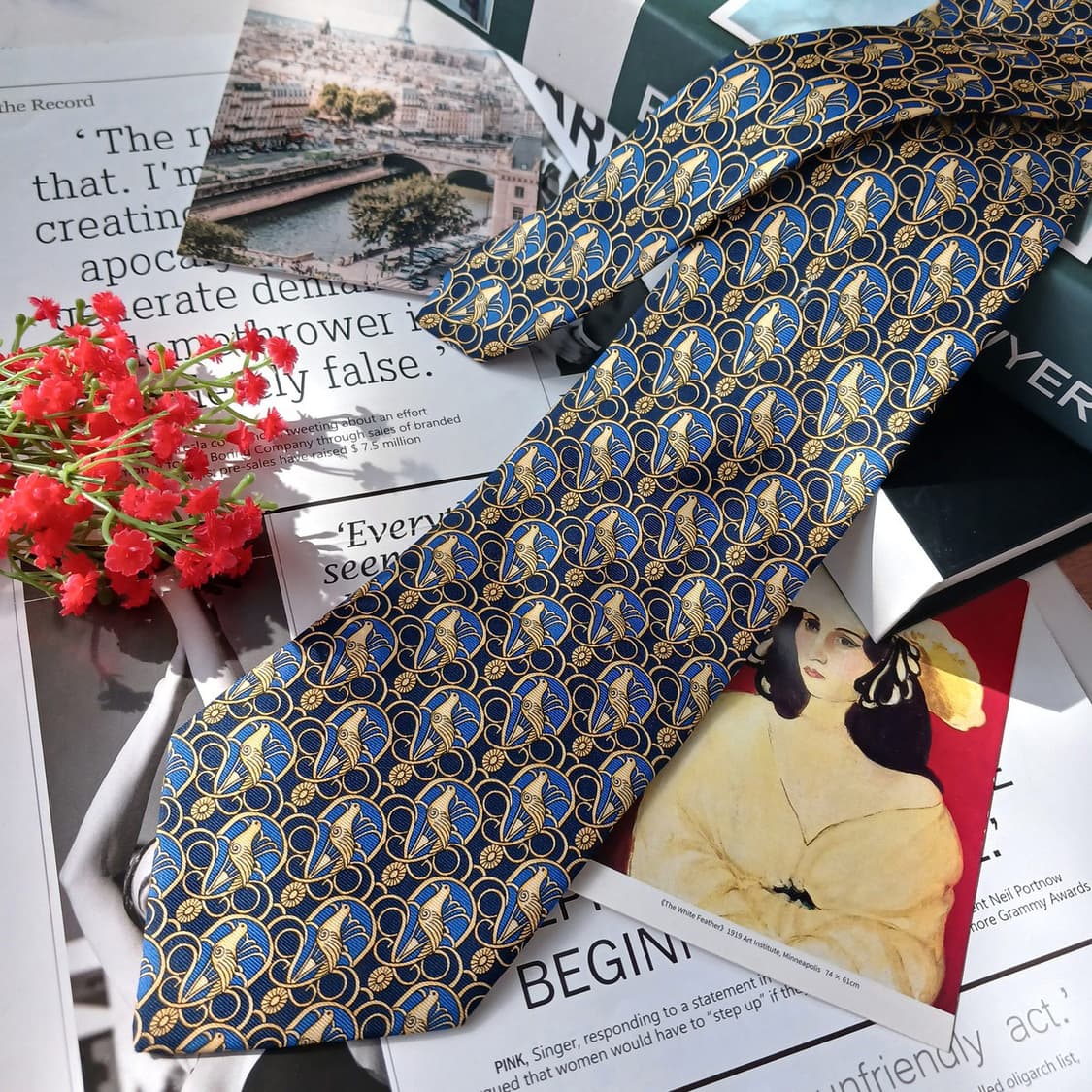 로샤스 실크 네이비 앵무새 패턴 넥타이 9.5cm S~A+등급 E791 상품이미지5