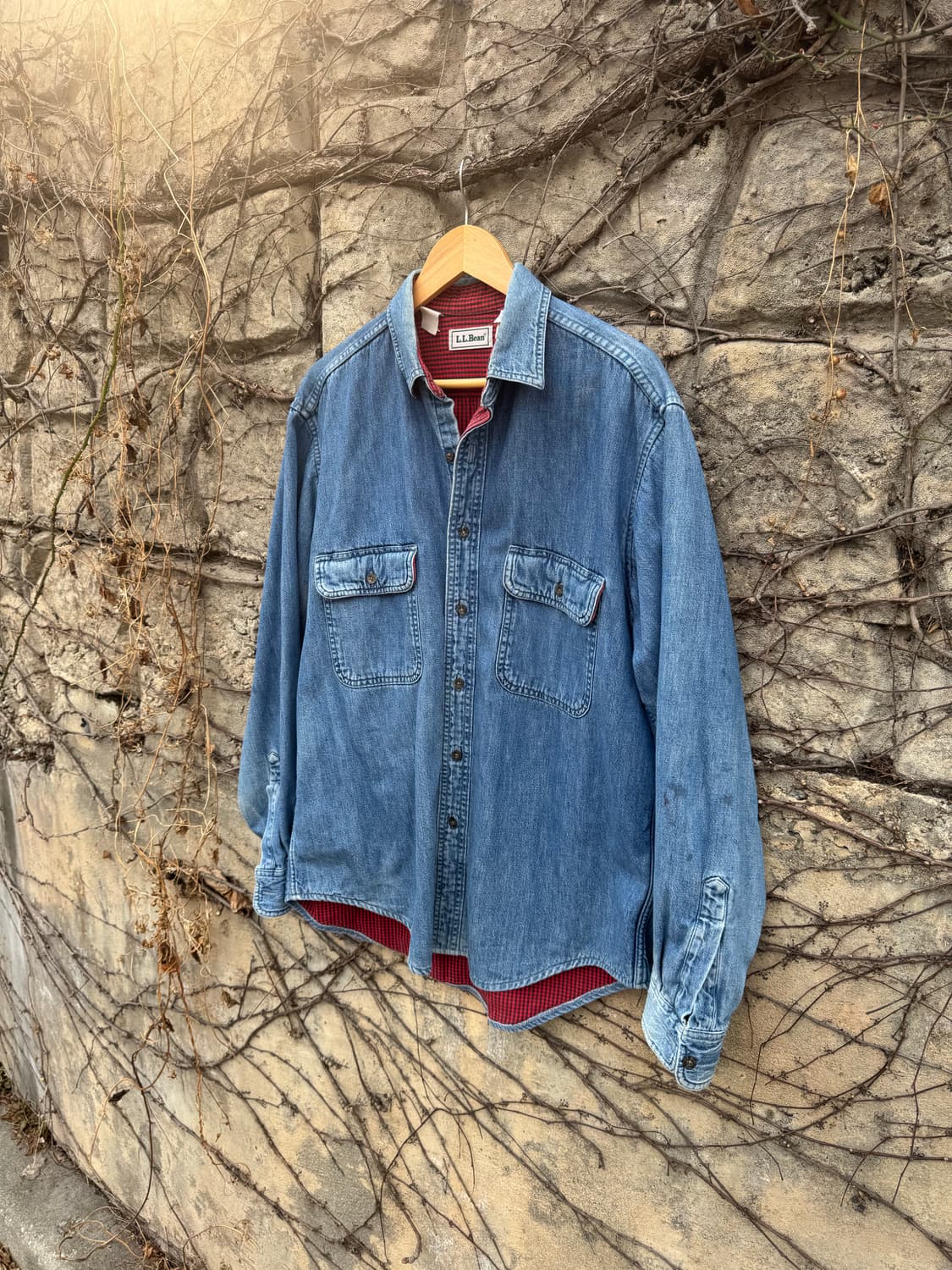 90s 엘엘빈 빈티지 체크 플란넬 안감 데님 셔츠 M 상품이미지3