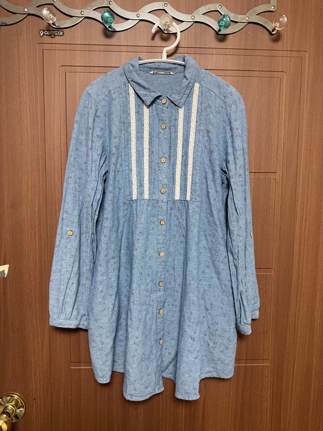 모리걸 하구미 일본 빈티지 스즈코 잔꽃무늬 레이스 데님 셔츠 원피스 상품이미지1
