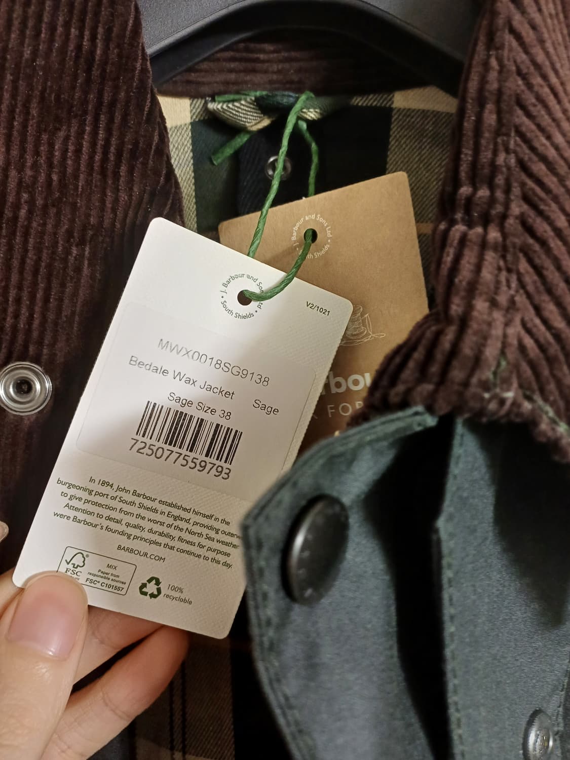 (새상품) 바버 비데일 세이지 38 상품이미지2