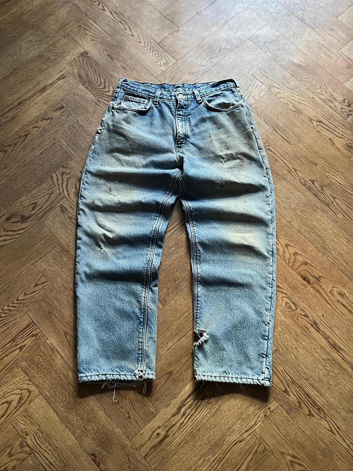 [34]칼하트 USA 플리스 라이닝 더티워싱 워크 데님 팬츠 상품이미지1