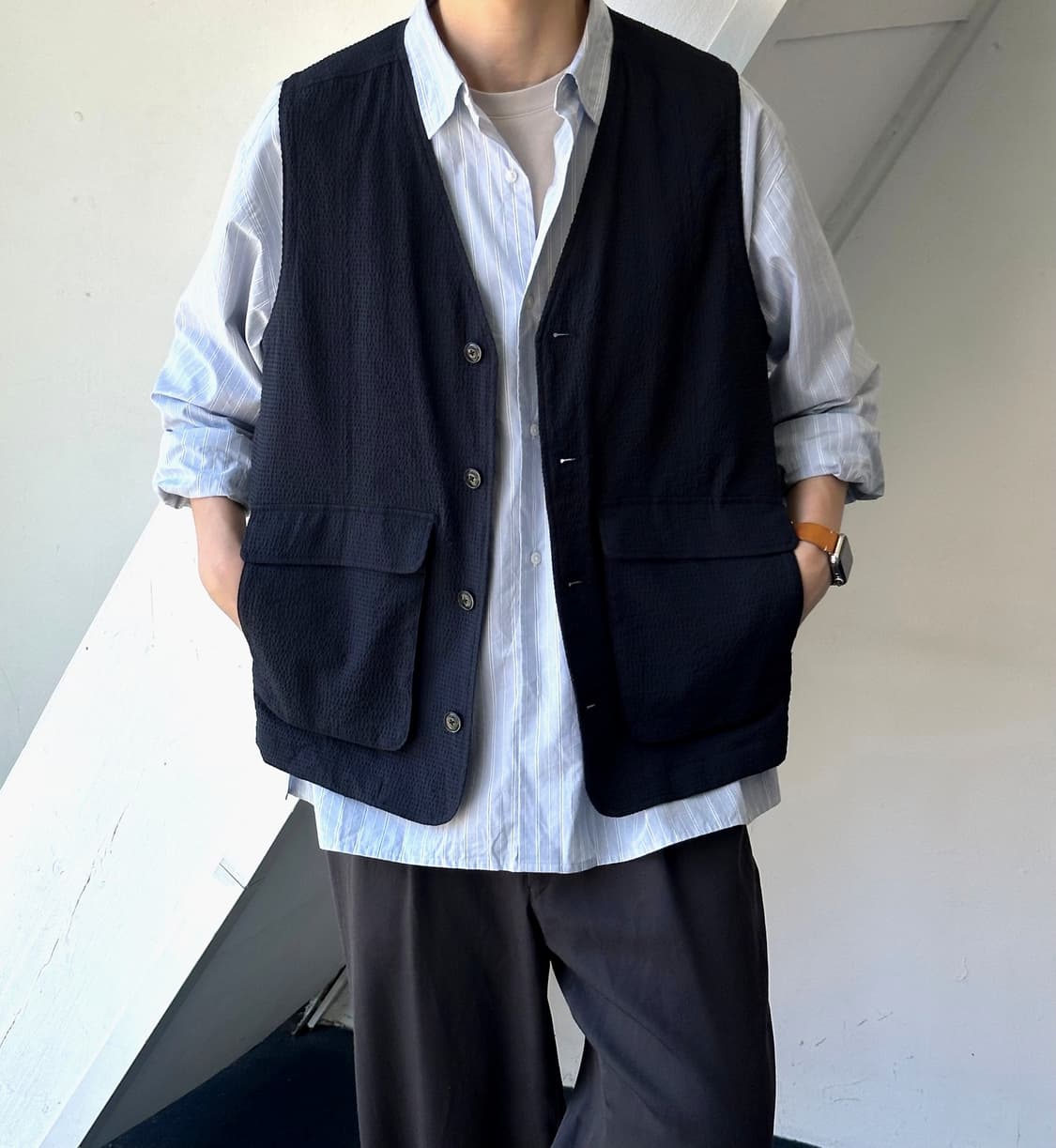 Cotton sucker fabric work design vest 상품이미지8