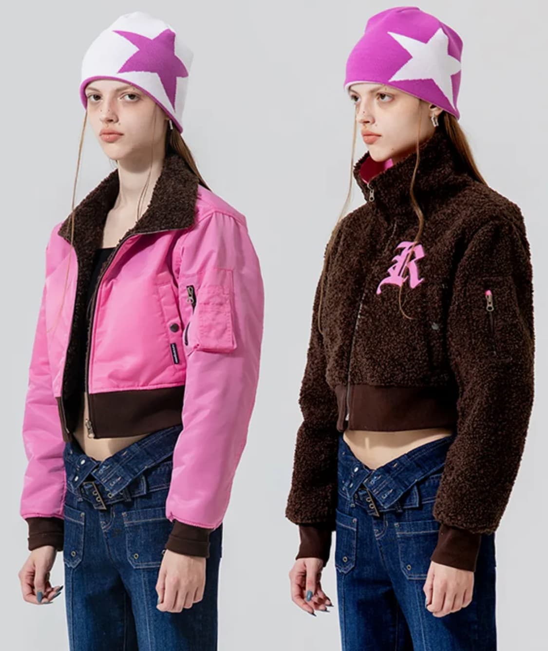 갸루깔 러닝하이 나일론-퍼 리버시블 집업 점퍼 [핑크/브라운] 상품이미지2