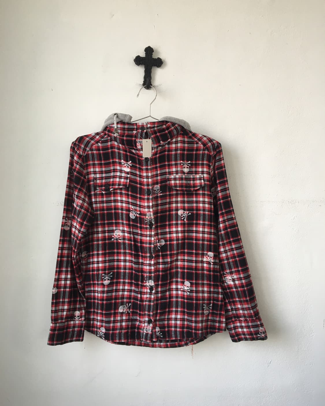 Hood layered skull check pattern shirt 상품이미지2