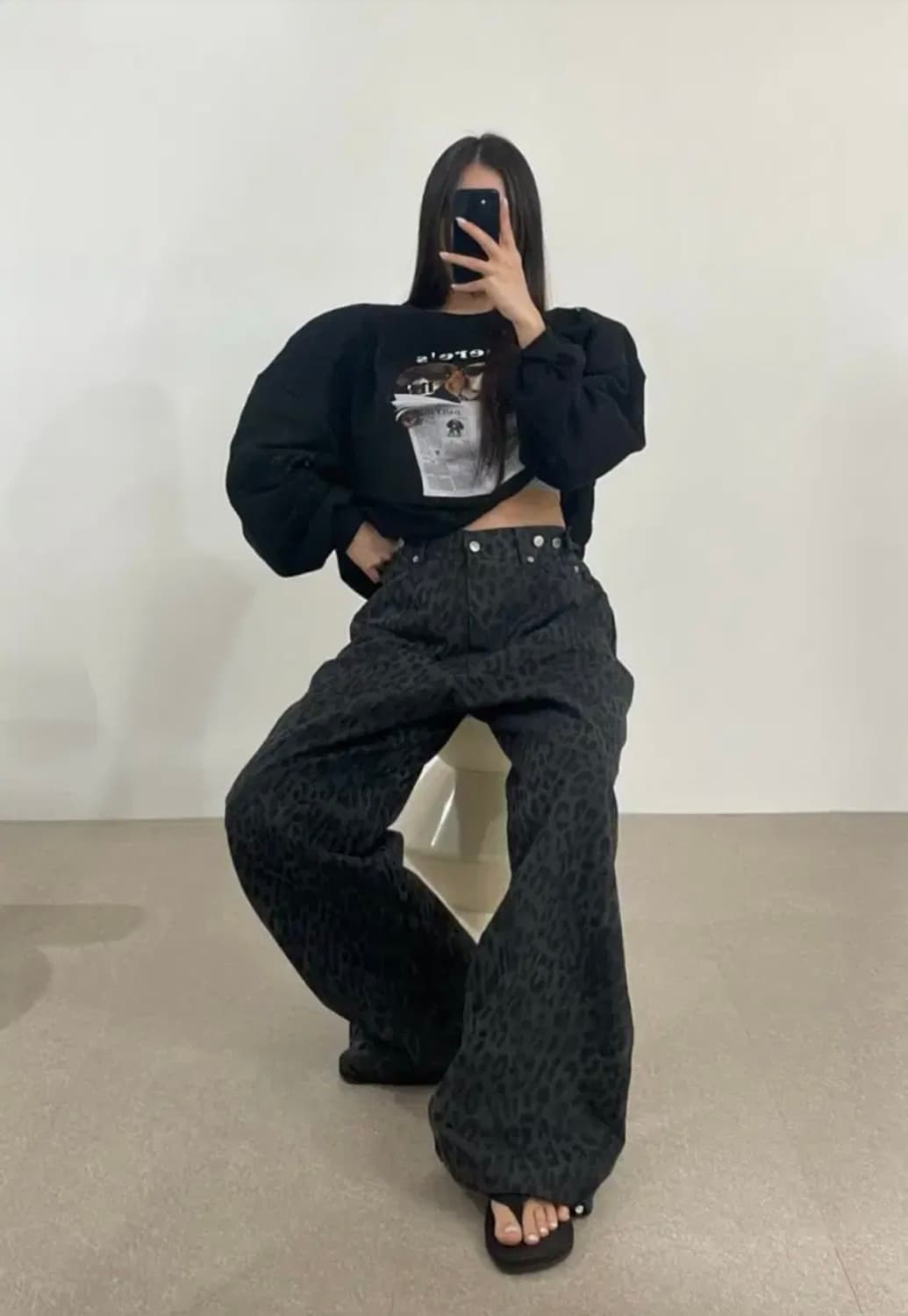 엔티크제이_호피 비죠 팬츠(차콜) 상품이미지1