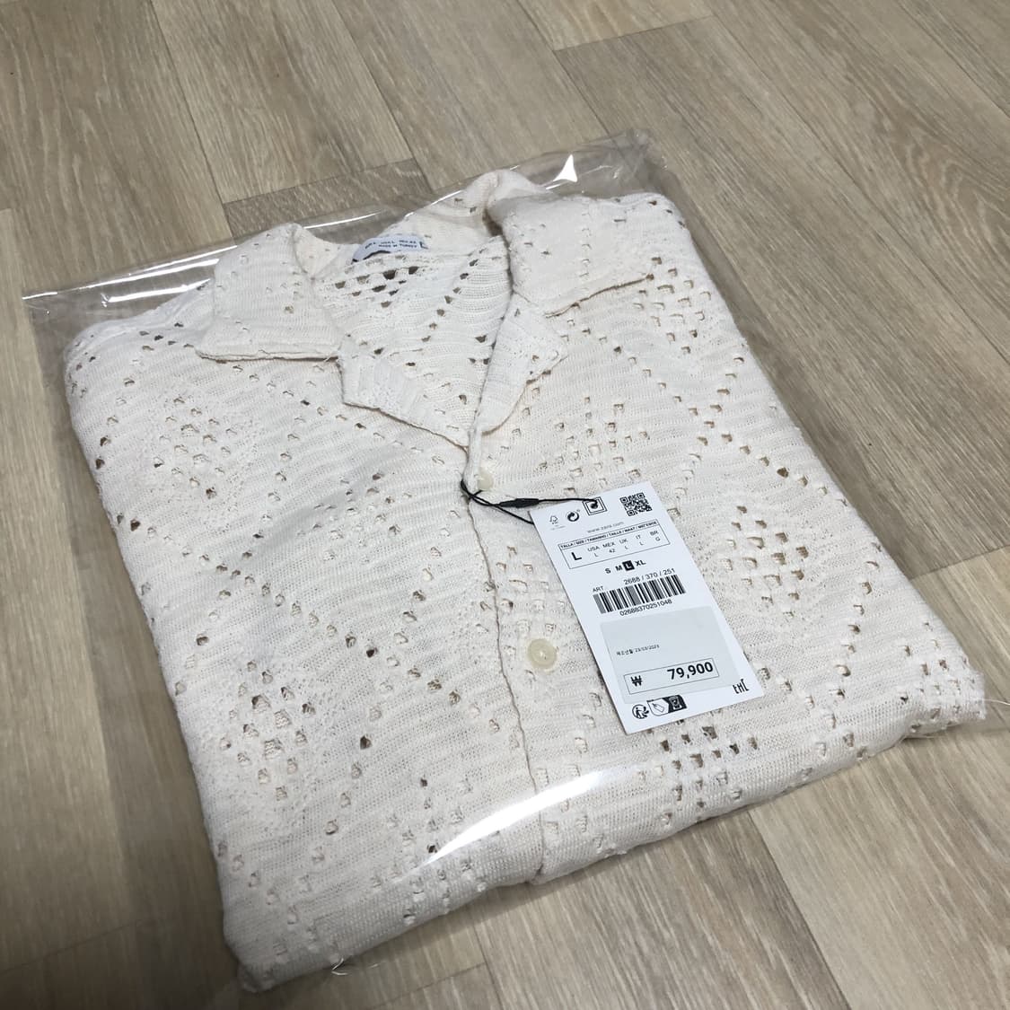 (L) 새상품 ZARA 자라 텍스처드 크로셰 반팔 셔츠 아이보리 상품이미지10