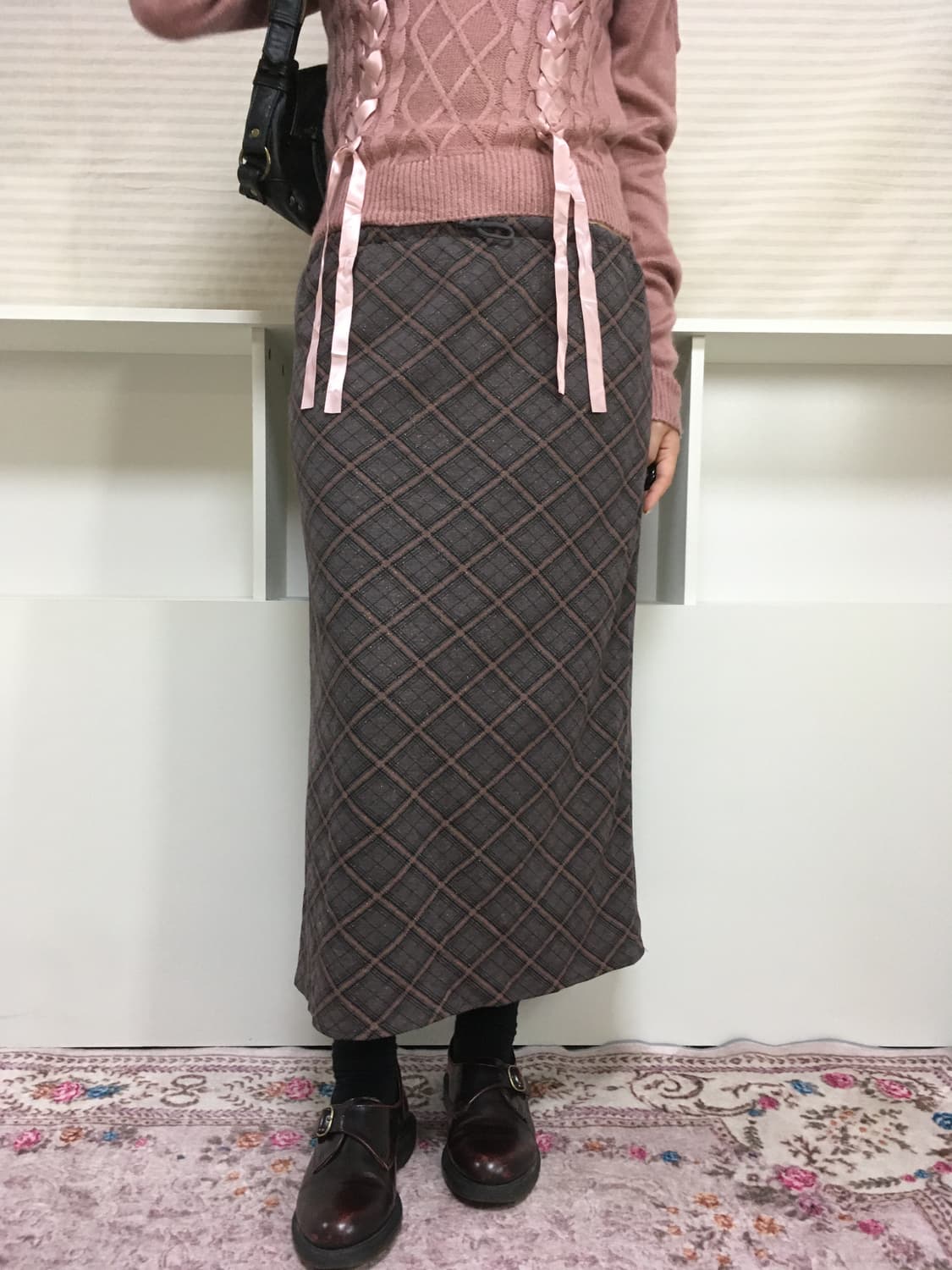jpn vintage check pearl long skirt 상품이미지2