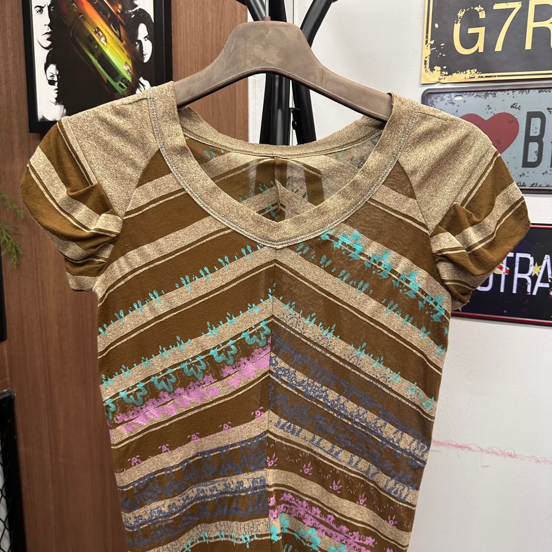 Brown Beige Striped Reprint Sheer Dress  상품이미지3